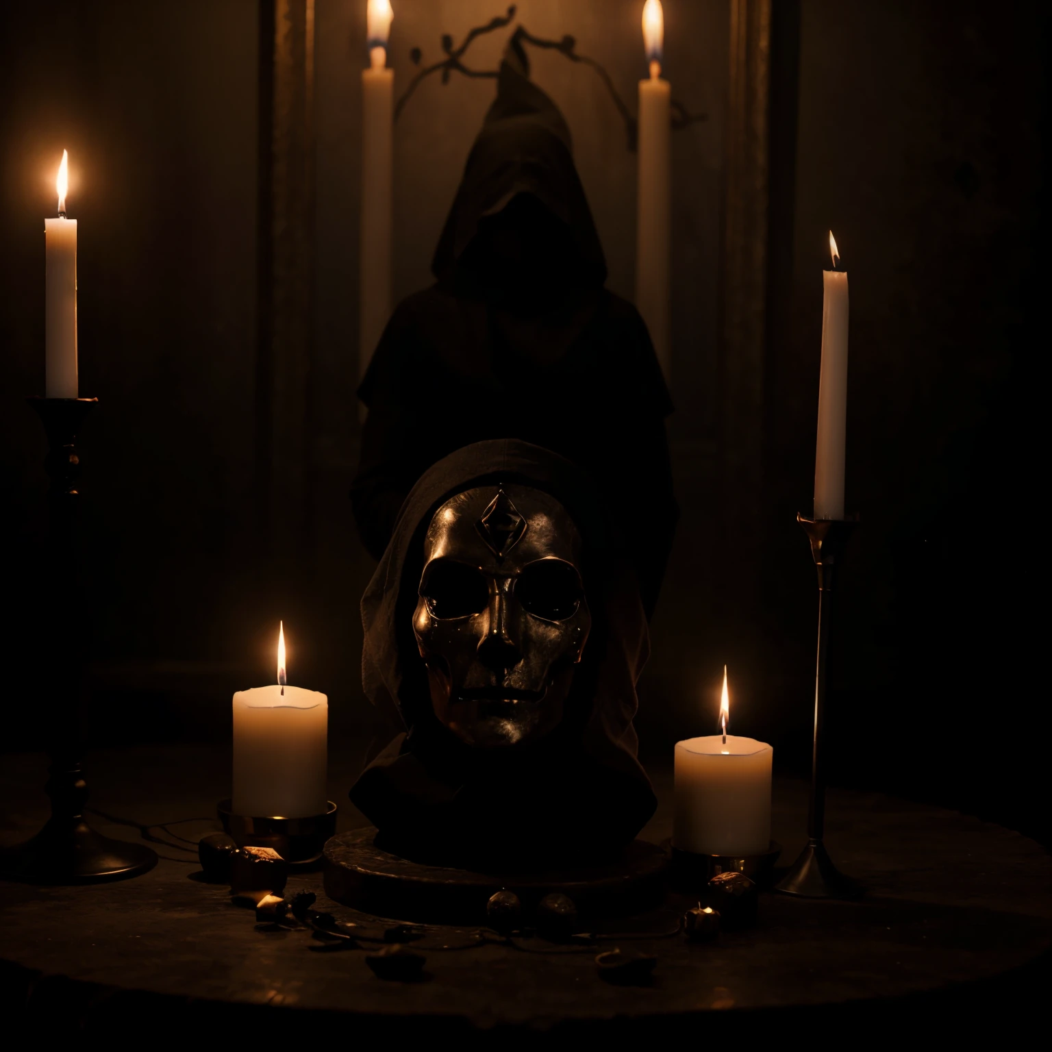 a photo of the statue of the personification of grief covered with candles and hot wax, covering the face with its hands, black tears dripping from the cheeks, the whole statue is covered in dense cobwebs and grease, higly detailed, black isolatet cave, tarnished, grunge, glowing cracks