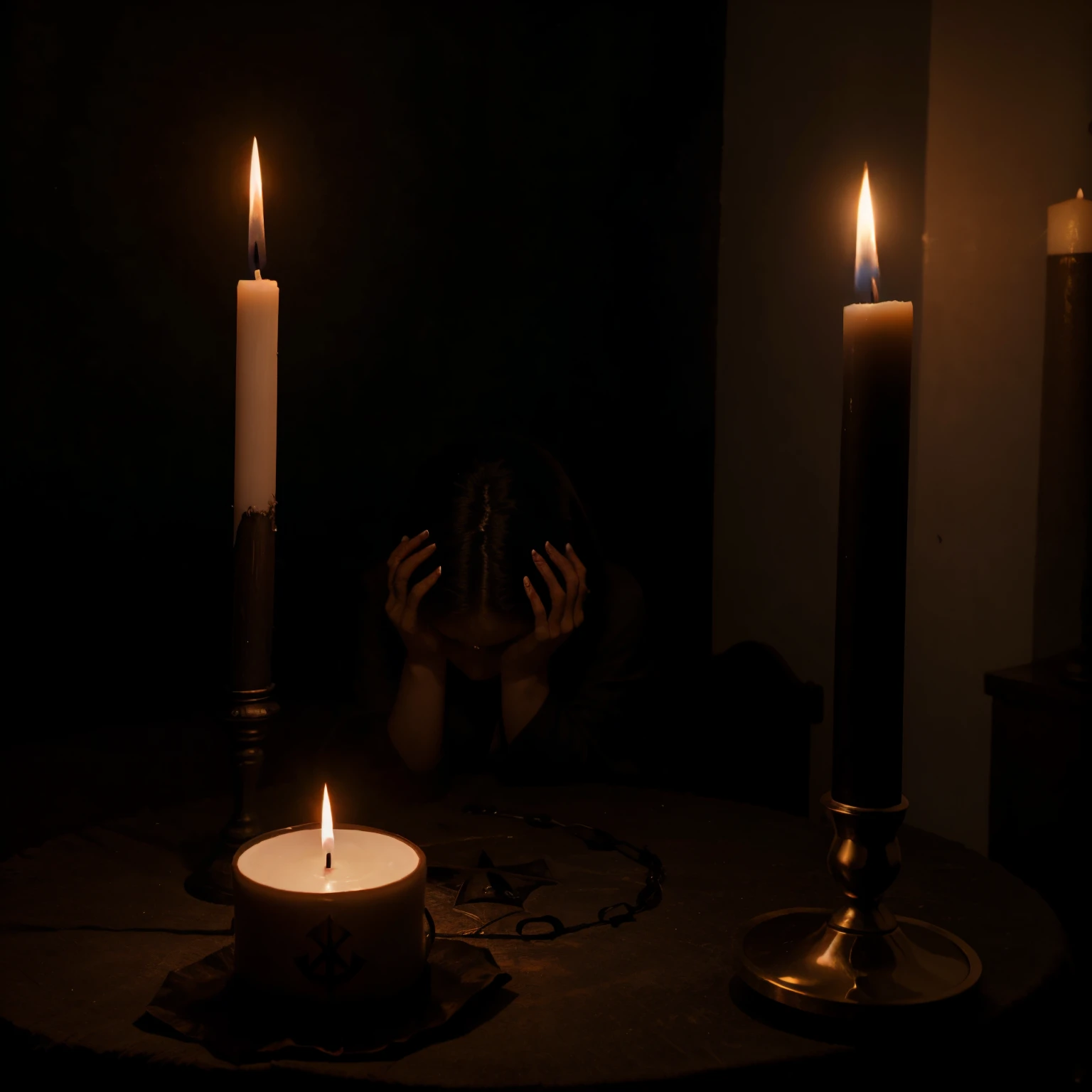 fine art photography. Faceless figures. eye shadow. Magic altar. candle lights. Magic symbols. terror. Dark ritual.