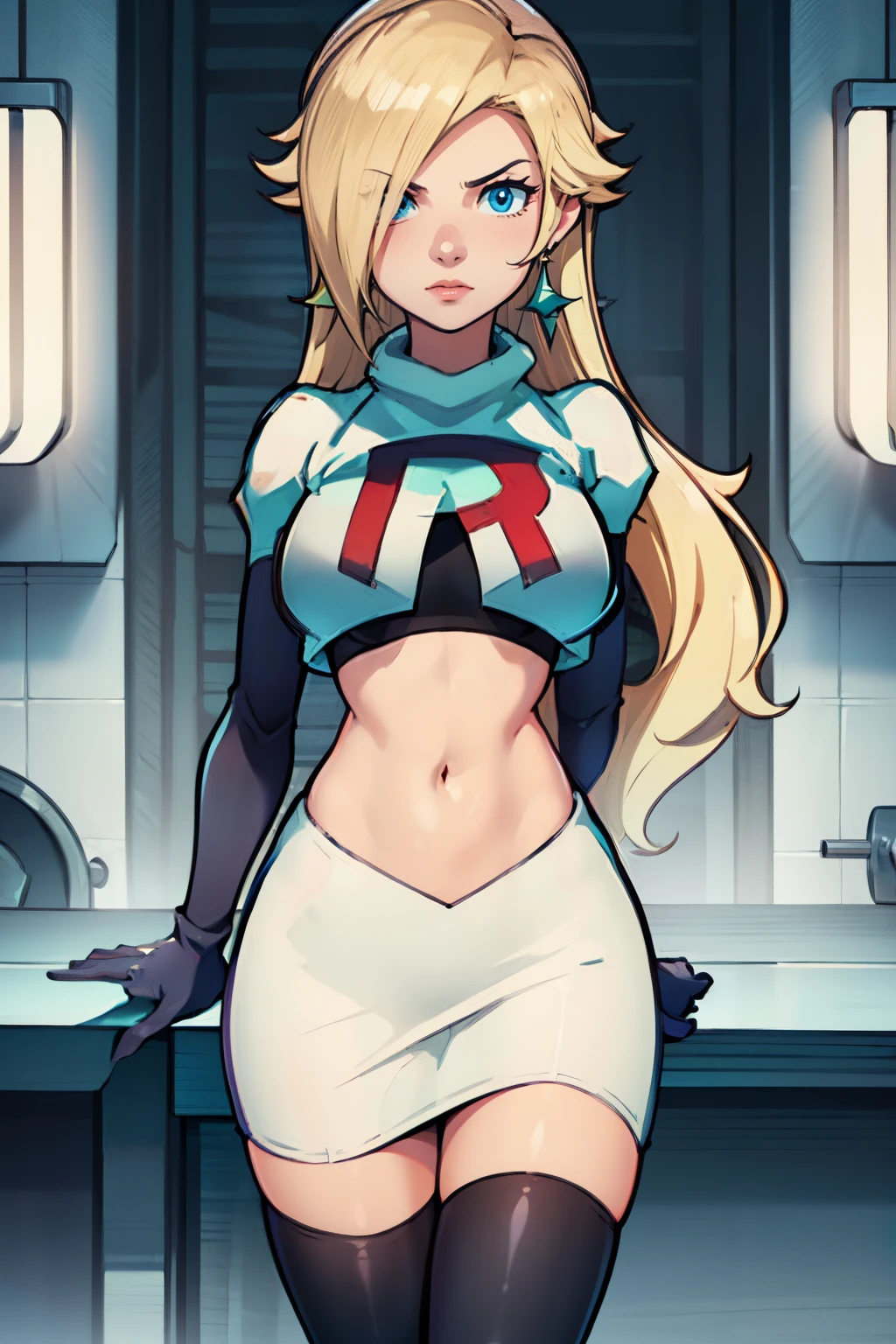 rosalina,team rocket,team rocket uniform, red letter R, white skirt,white crop top,black thigh-highs,black elbow gloves, arms crossed