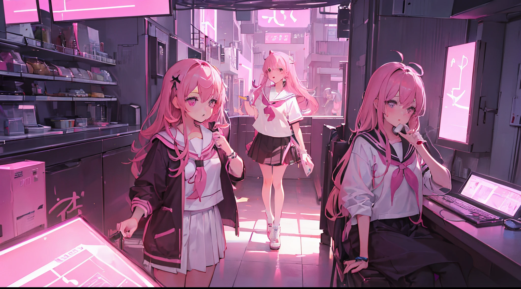 (3 girls, pink hair, pink eyes, sailor suit, kawaii, strategy meeting), (pink cyberpunk, room with big monitors, pink neon)