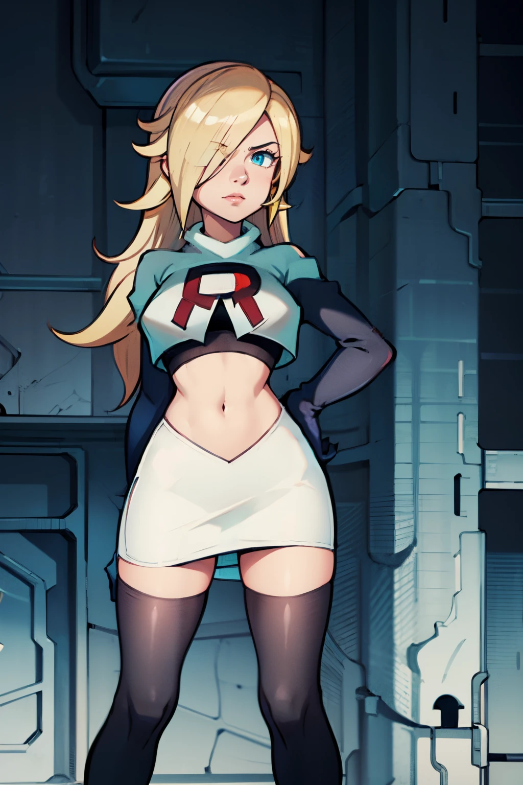 rosalina,team rocket,team rocket uniform, red letter R, white skirt,white crop top,black thigh-highs,black elbow gloves, arms crossed