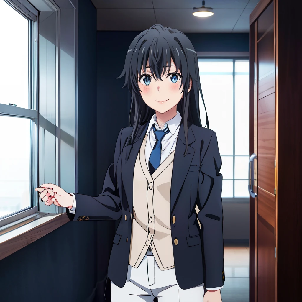 1GIRL , ,yukinoshita yukino ,yukinoshita yukino , woman in formal attractive suit tuxedo tailcoat standing in a large alcove in the room, 1girl, solo, necktie, black hair, blue eyes, long hair, smile, jacket, looking at viewer, shirt, pants, blue necktie, collared shirt, white pants, white shirt, indoors, bangs, long sleeves, closed mouth, window, black jacket, blush, cowboy shot, formal, suit