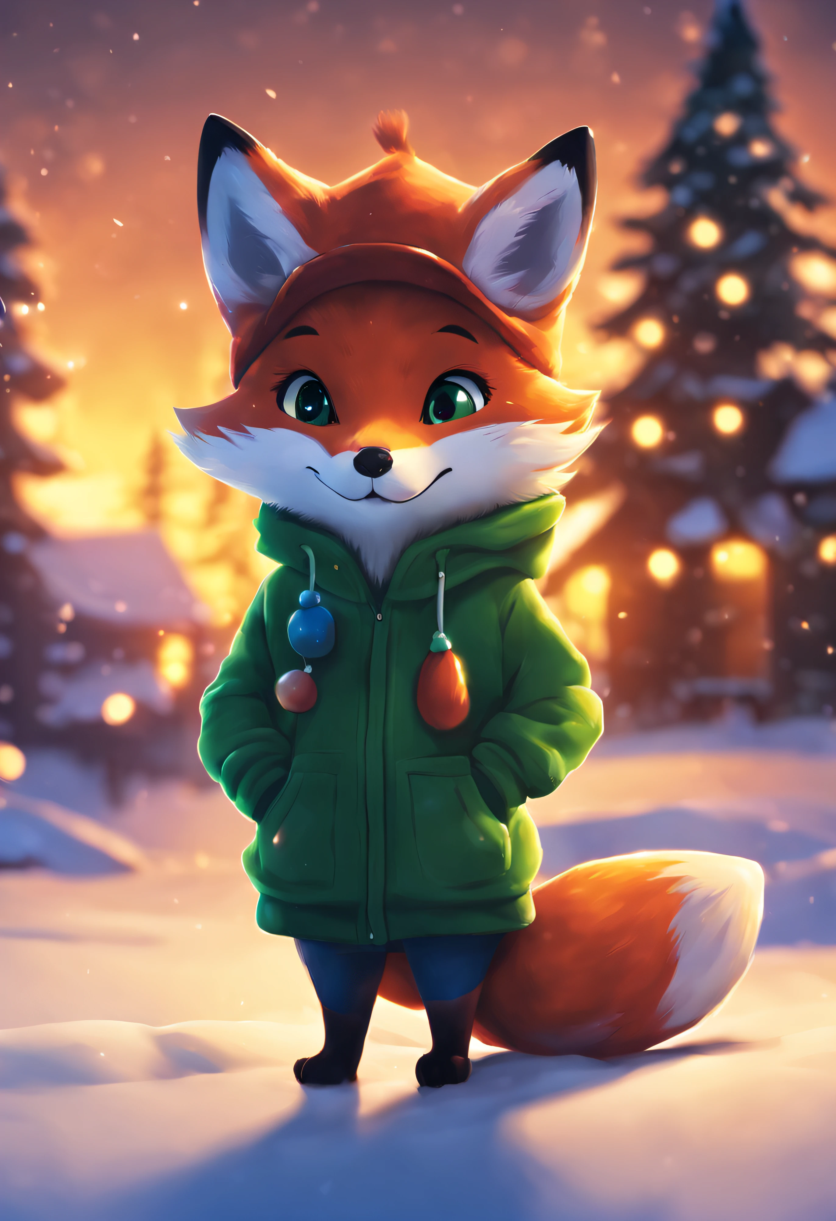 A cute little fox with green eyes and a green hoodie. The picture looks like the work of Makoto Shinkai. A cute fox is standing on a Christmas present. Fox is looking at the Christmas tree. Christmas house, northern lights, shooting star, cozy, the fox is happy, the fox is lovely, the fox is cute. Best quality, sharp picture, cinematic, afternoon, sunset, bright colors, great picture, cute fox. the fox is cute and wonderful, winter, the fox has its back to the picture, fox is not looking at the camera, red christas hat, xmas hat, night, northengights, christmas tree, high qyality, sharp image