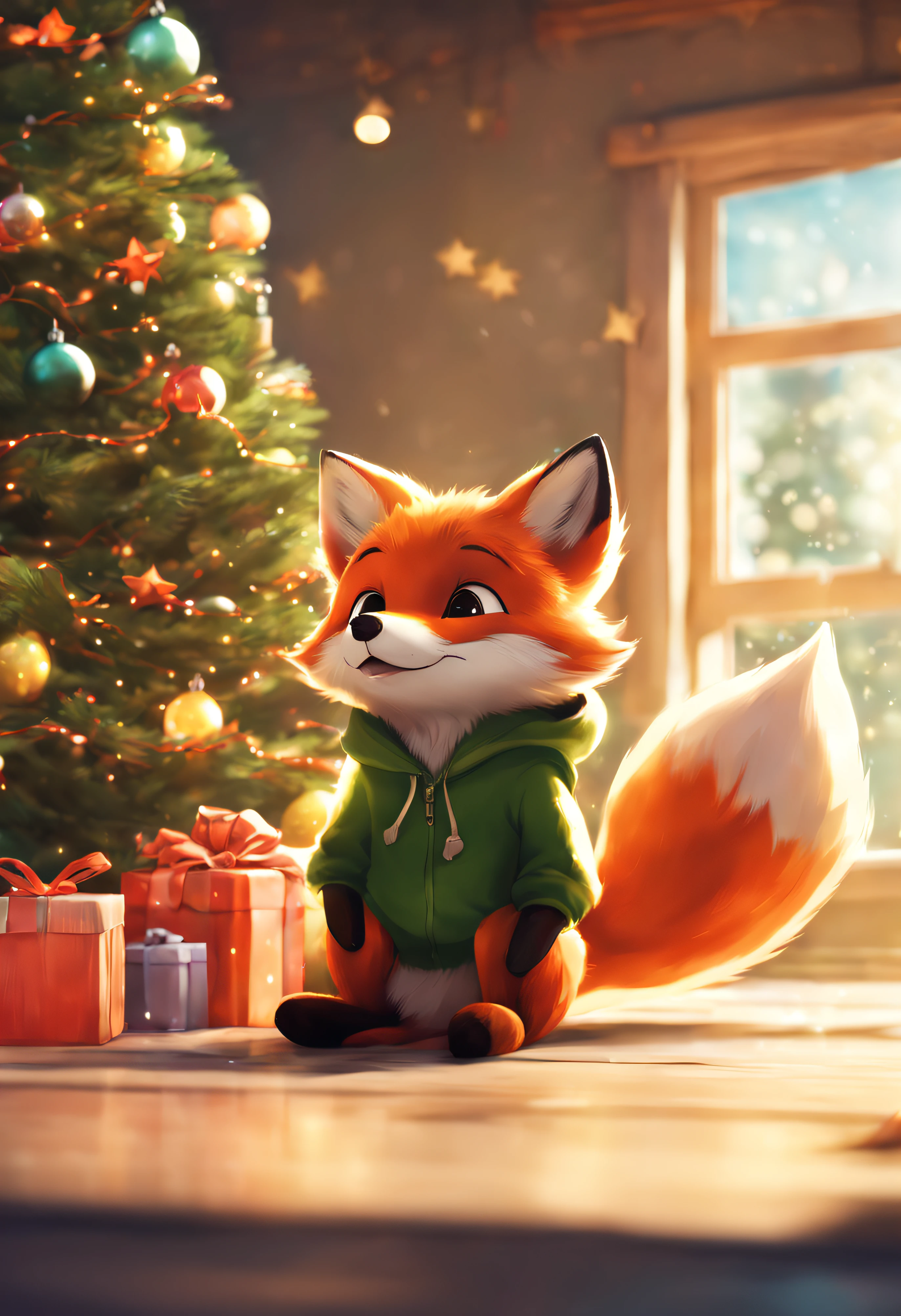 A cute little fox with green eyes and a green hoodie. The picture looks like the work of Makoto Shinkai. A cute fox is standing on a Christmas present. Fox is looking at the Christmas tree. Christmas house, northern lights, shooting star, cozy, the fox is happy, the fox is lovely, the fox is cute. Best quality, sharp picture, cinematic, afternoon, sunset, bright colors, great picture, cute fox. the fox is cute and wonderful, winter, the fox has its back to the picture, fox is not looking at the camera, red christas hat, xmas hat, night, northengights, christmas tree, high qyality, sharp image
