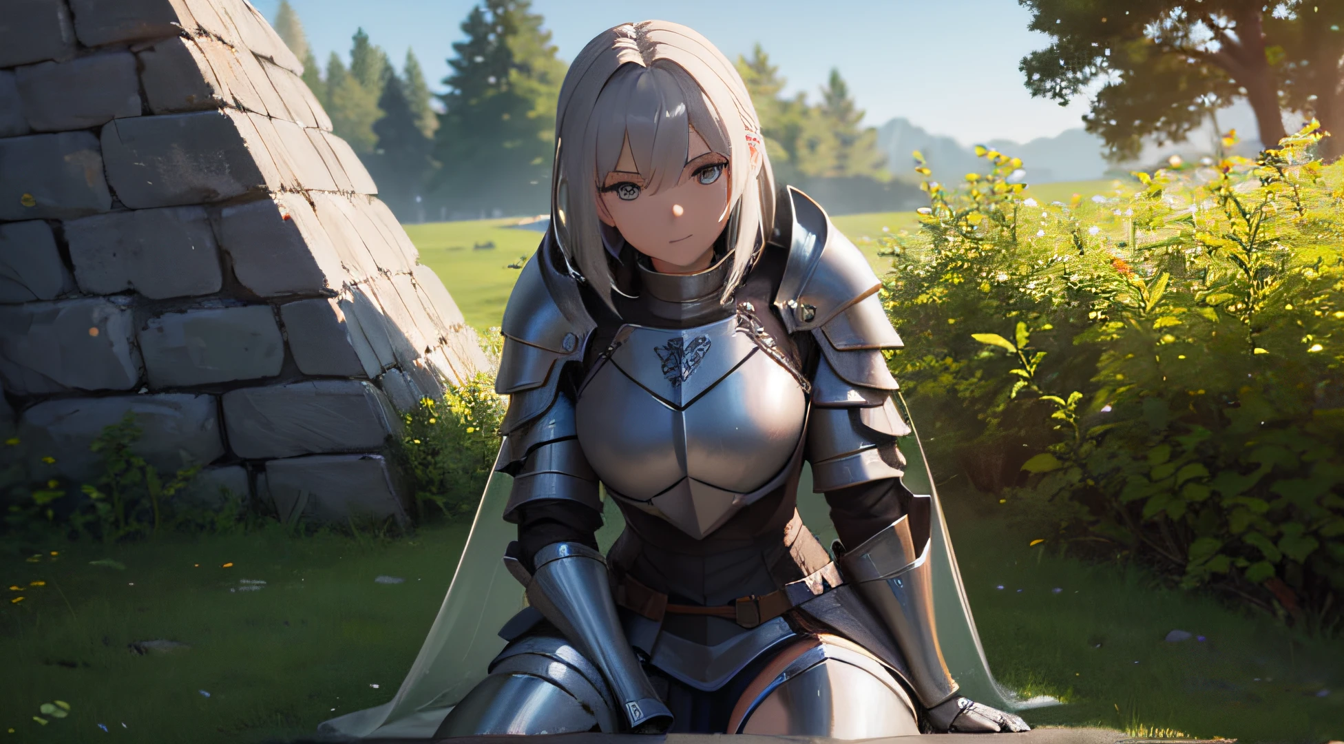 Arafed woman in armor sitting on a stone wall, girl in knight armor, beautiful female knight, of a beautiful female knight, beautiful armor, girl in armor, stunning armor, Gorgeous Female Paladin, female knight, Wearing fantasy armor, bikini armor female knight, dressed in armor, 3d rendered character art 8 K, Light, Coming from the reservation