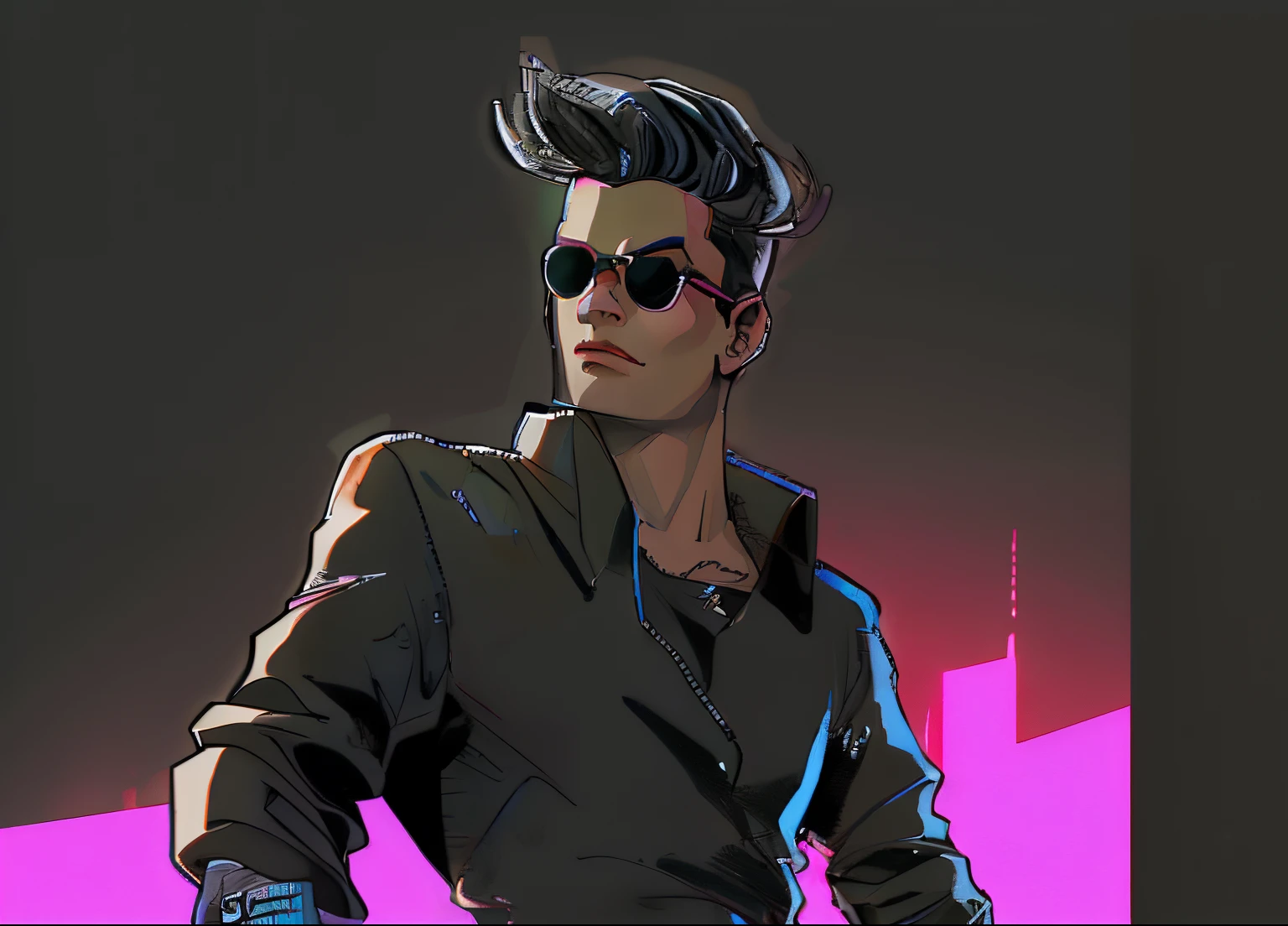 um close de uma pessoa com uma camisa roxa e uma camisa preta, cara cyberpunk, sombreamento cyberpunk, Neonpunk, cyberpunk hero, epic comic book style, Tecnologia batida. Neo Estilo Preto, Design de personagens de quadrinhos dos anos 90, brilho humano, Retrato do personagem darksynth, neon estilizado, laserpunk, inspirado em Allen Jones, arte conceitual do menino solteiro