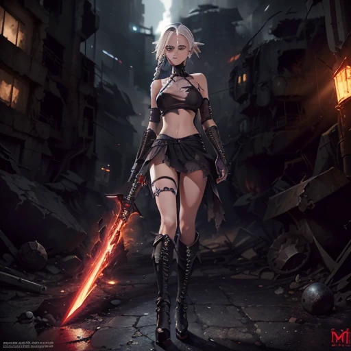 (masterpiece), (high quality), close-up of a girl,((full body)), platinum hair, double braids, heterochromia (one red eye, one black eye),((her name is Vendetta)).  Clothing: she wears sexy black clothing, a black top with transparency, a long skirt at the back, an open skirt at the front, showing her underwear, thin heeled knee-high boots, mixed gothic and futuristic style.  Scenario: In the background, the scene shows a destroyed futuristic city, with steel parts and lights.  Lighting: External light, backlight(weapon: fire sword)