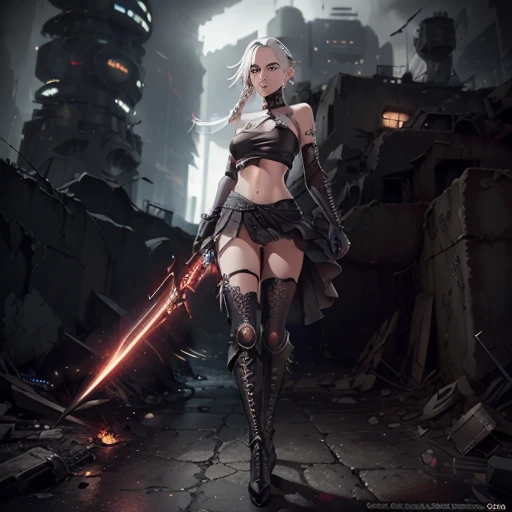 (masterpiece), (high quality), close-up of a girl,((full body)), platinum hair, double braids, heterochromia (one red eye, one black eye),((her name is Vendetta)). Clothing: she wears sexy black clothing, a black top with transparency, a long skirt at the back, an open skirt at the front, showing her underwear, thin heeled knee-high boots, mixed gothic and futuristic style. Scenario: In the background, the scene shows a destroyed futuristic city, with steel parts and lights. Lighting: External light, backlight(weapon: fire sword)