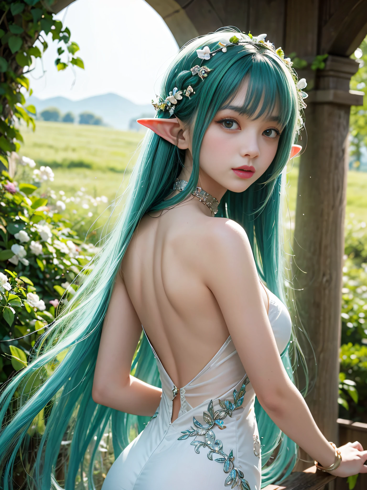 Graceful elven girl standing in meadow, Delicate face illuminated by the soft light of the setting sun. Her long, Flowing hair runs down your back, Decorated with intricate braids、Adorned with sparkling gemstones. This great photo is、、、It captures the ethereal beauty of elves. Slender figure in silk dress、Swaying in the soft steppe breeze. Attention to detail、Face that is、Face that is、Face that is、Face that is、It is evident in the intricate patterns of the dress and the subtle highlights of the luminescence. skin. The breathtaking portrayal of the elven girl is、、、、、Create an enchanting atmosphere、It invites the viewer to a magical world. emerald green hair color and eye,