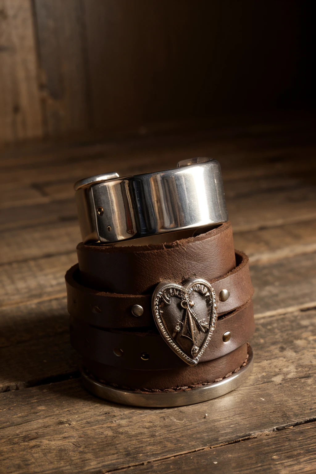 ((best quality)), ((masterpiece)),(magical leather cuff), (detailed), beset with magical stones, intricate, creative artwork design on cuff.