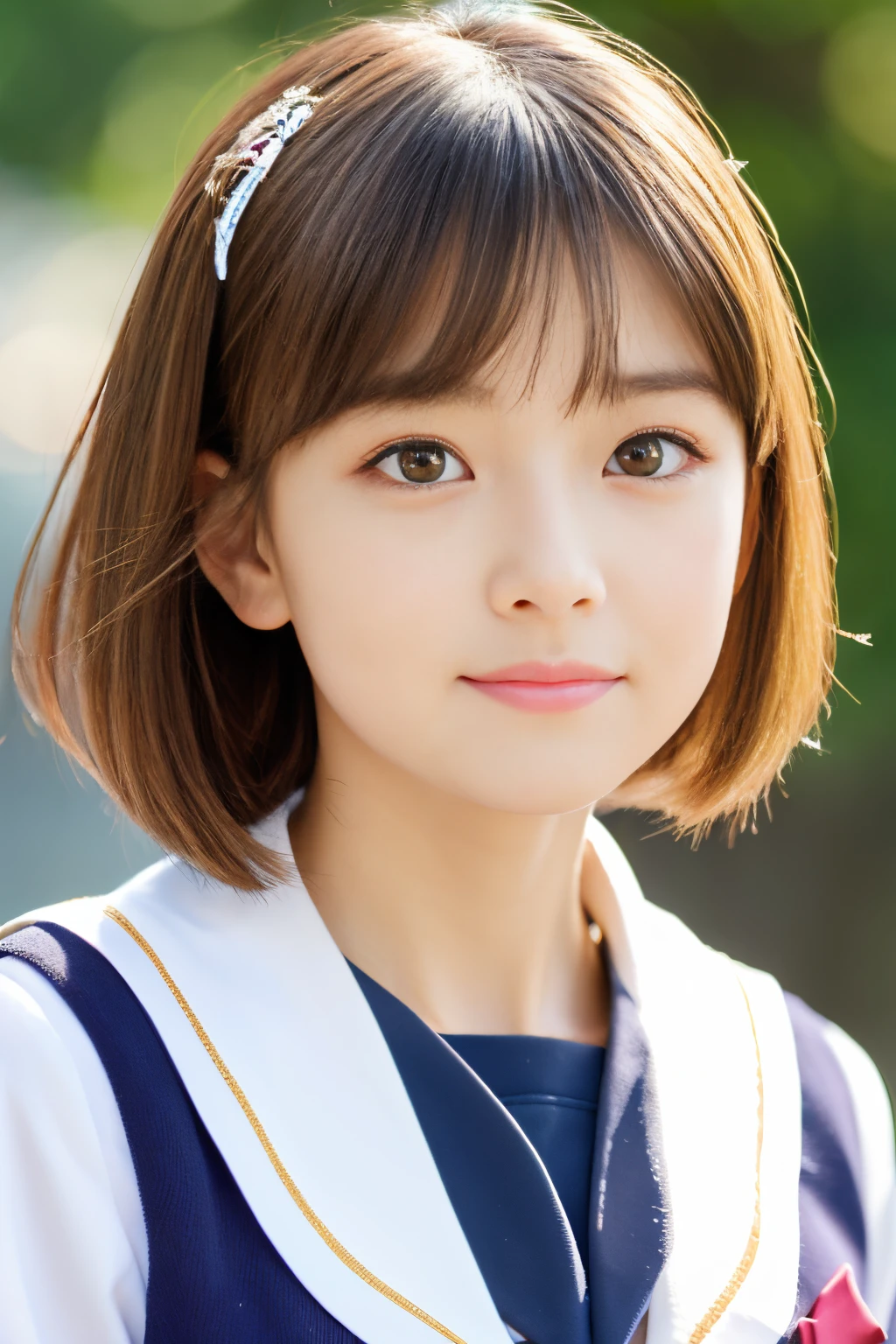 masutepiece, Best Quality, 8K、(Golden Ratio Face、Balanced eyes)、二重まぶた、(very vivid eyes、wolf eyes 3.5)、Beautiful nasal muscles、lipgloss、Balanced style、Bob Hair、School Uniforms、a sailor suit、pleatedskirt