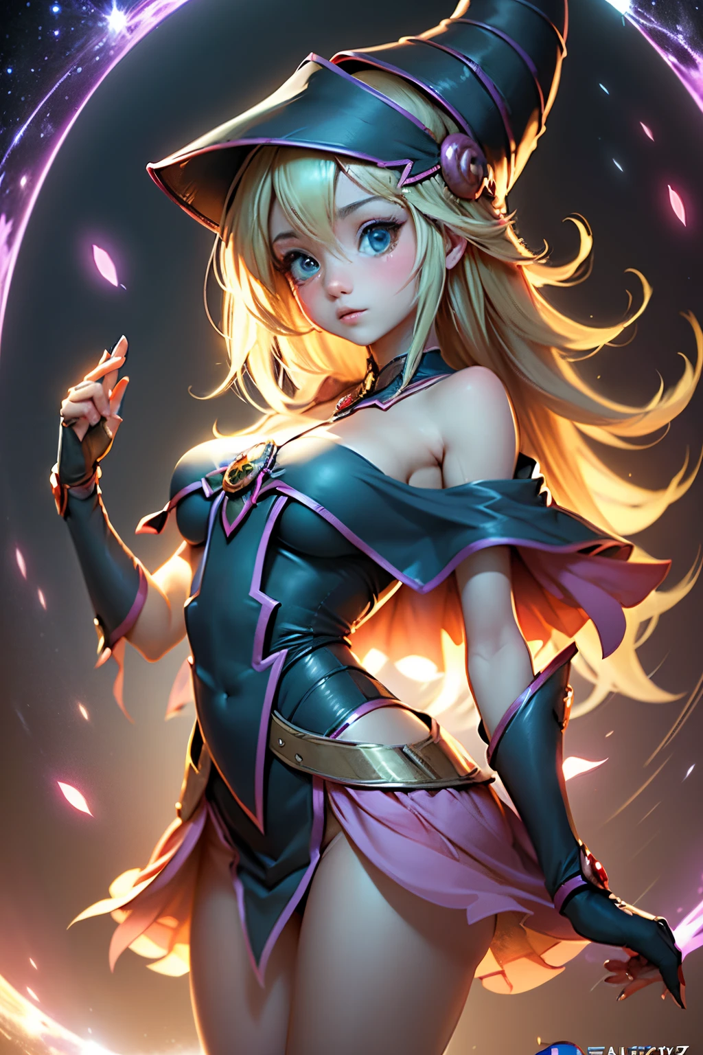 (obra maestra:1.2), (Mejor calidad:1.2), (Delicate representation)、(Calidad de imagen superior)、8k,Magia realista、Foto RAW、Palo fotorrealista、Perfect lighting, La chica maga oscura (Hechizos de lanzamiento: 1.3), in her 20s, (flotando en el aire: 1.3), Medio, escote transparente, Desde arriba, destellos, (Hands with magical effects: 1.4 )Pon magia en tus manos, cosmic background、una rubia、Magia a tu alcance、y dibuja el cuerpo completo、Dibujar desde el frente、((((kawaii))))