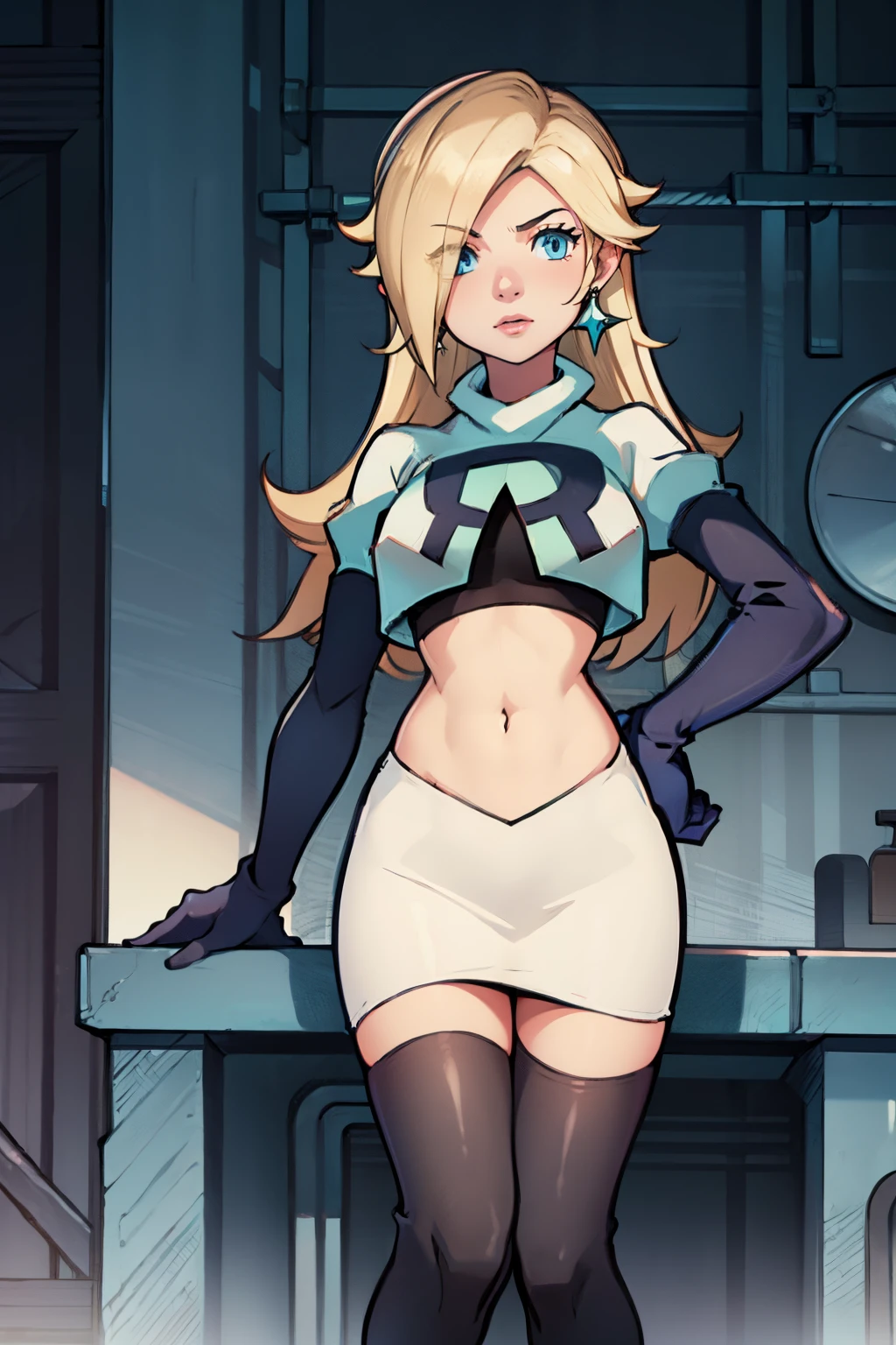 rosalina,team rocket,team rocket uniform, red letter R, white skirt,white crop top,black thigh-highs,black elbow gloves,