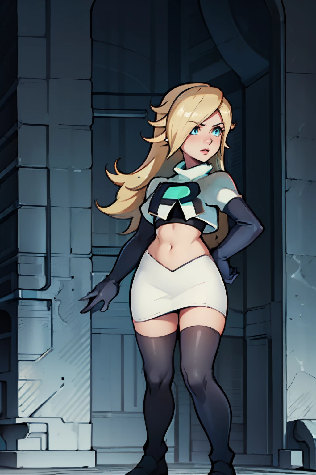 rosalina,team rocket,team rocket uniform, red letter R, white skirt,white crop top,black thigh-highs,black elbow gloves,