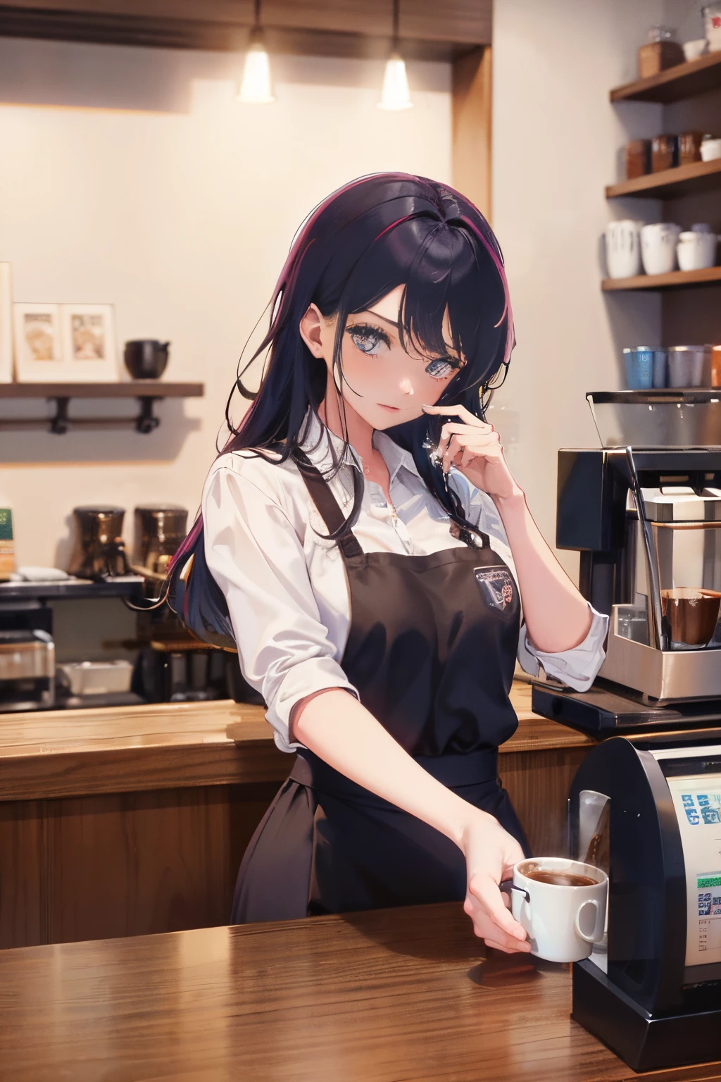 "Generate an image of a beautiful woman working in a coffee shop, express various poses. Women should be depicted in different scenarios within the coffee shop environment, serving customers, coffee machine operation, or engage in various tasks. It must be the same person, Introducing various poses and activities while working at a coffee shop."