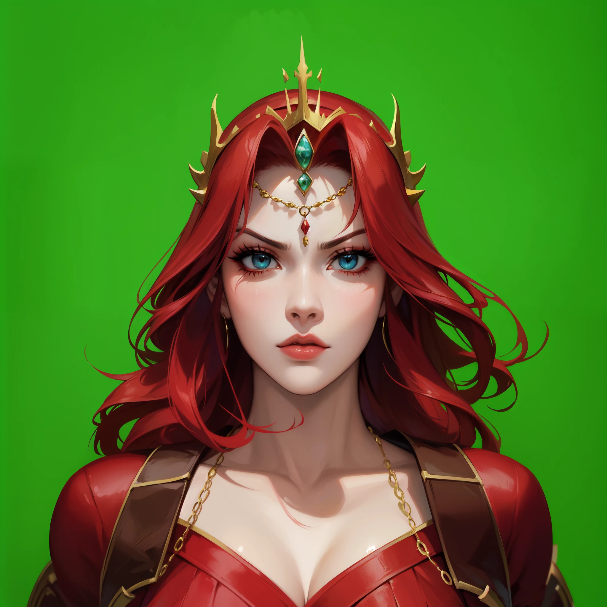Sexy demoness with red skin, wearing a crown with a ruby on it with gold necklace and a crown with a ruby on it, anime, fantasy, magic, highly detailed, digital painting, trending on artstation, concept art, smooth, sharp focus, illustration, art by artgerm and greg rutkowski and alphonse mucha