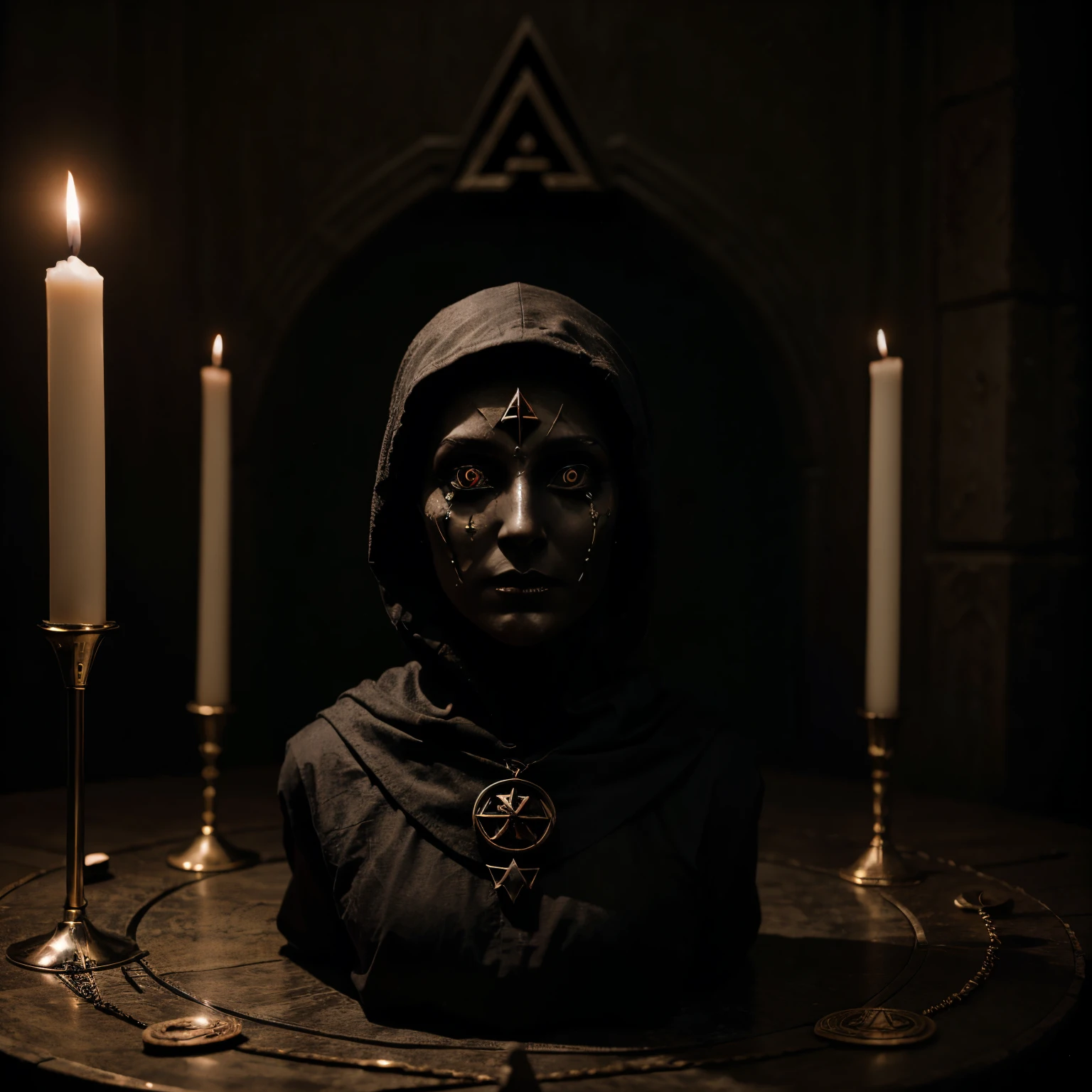 fine art photography. Faceless figures. eye shadow. Magic altar. Magic symbols. terror. Dark ritual.