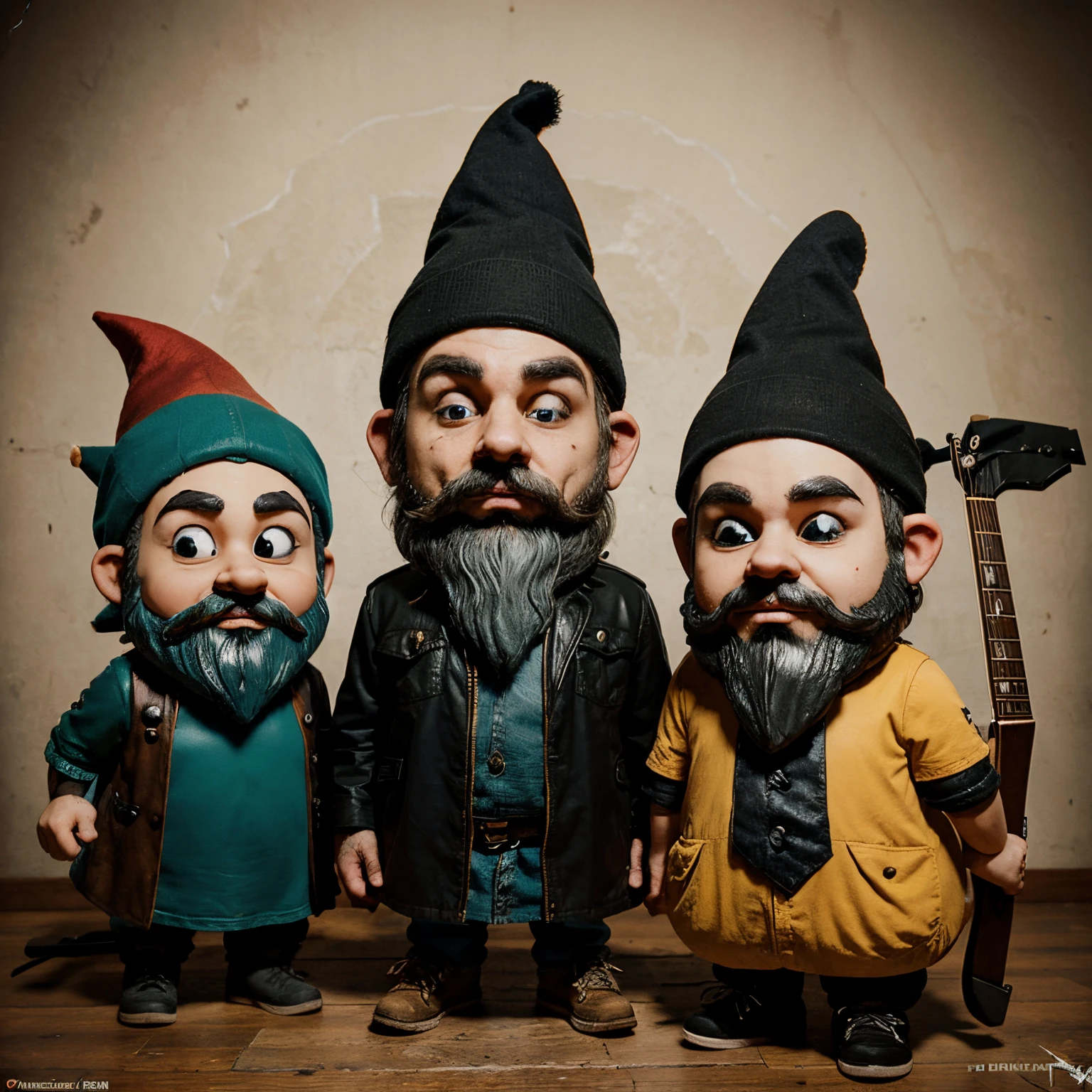 A band poster for a three gnome punk rock band where the band's name is My Chemical Gnomance