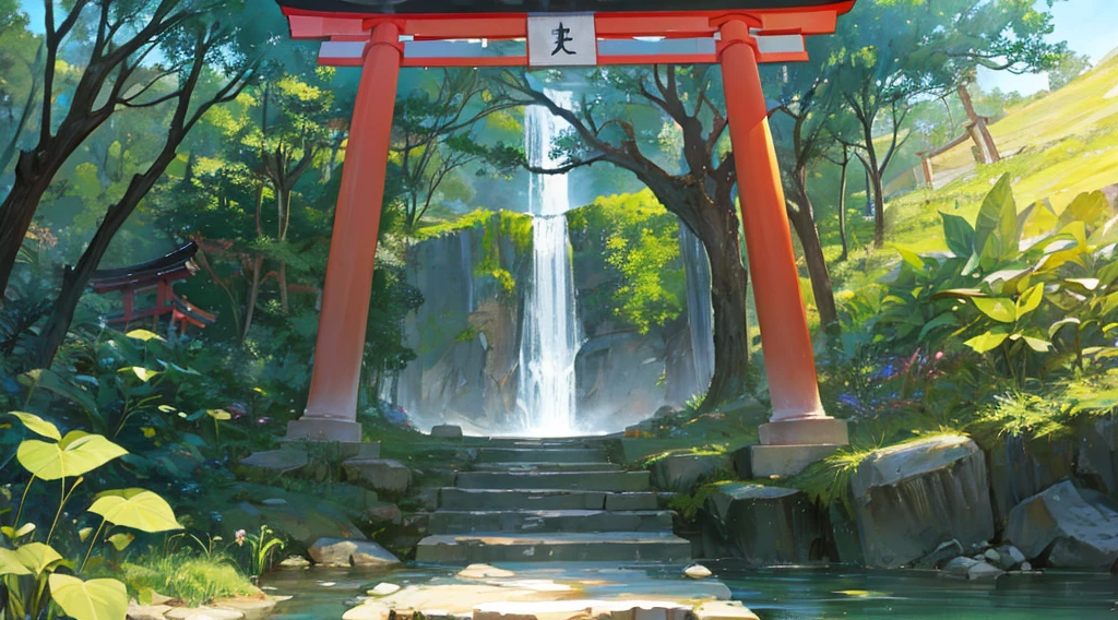sacred cave, waterfall, clear water, one torii gate