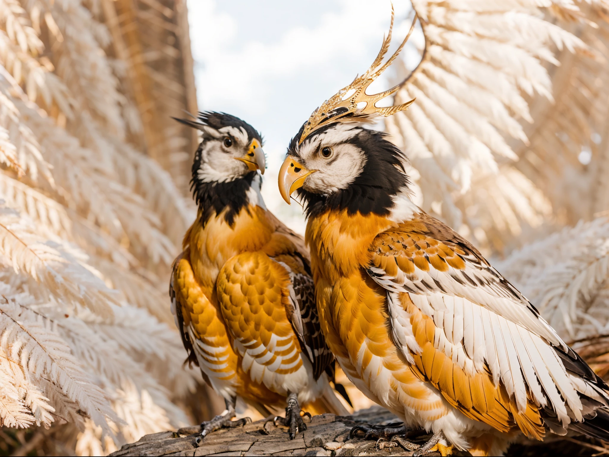 there are two birds that are standing next to each other, adult pair of twins, cocky expression, male and female, dusty and smokey, two male, proud looking away, gorgeous features, white hairs, cocky, proud looking, young handsome pale roma, looking to the side, exquisite and handsome wings, feathered head, moulting, covered in feathers, Golden crown