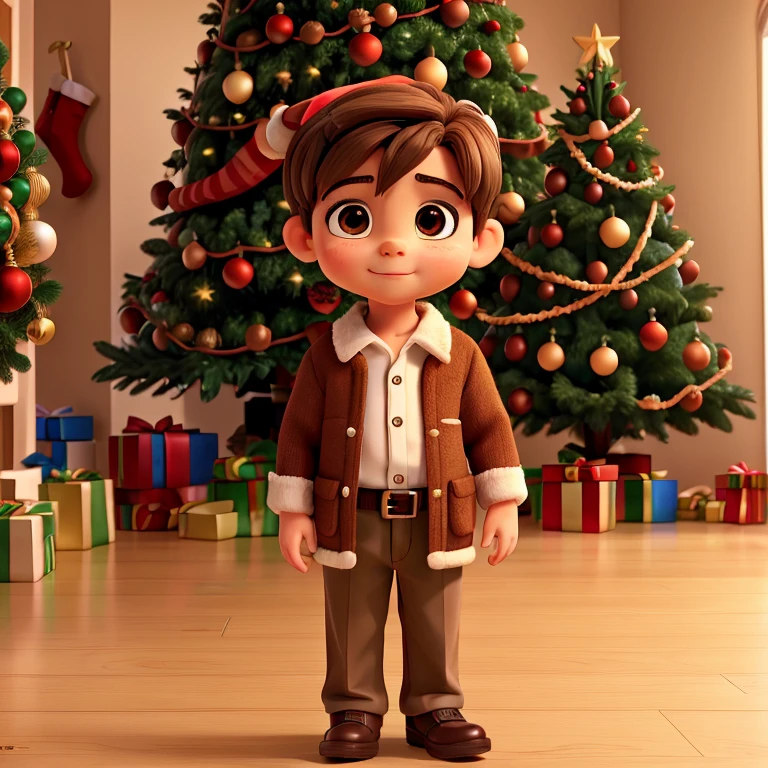 A  boy, brown hair, big brown eyes, 6 years sed as santa cruz, near christmas tree, christmas tree has a lot of gifts