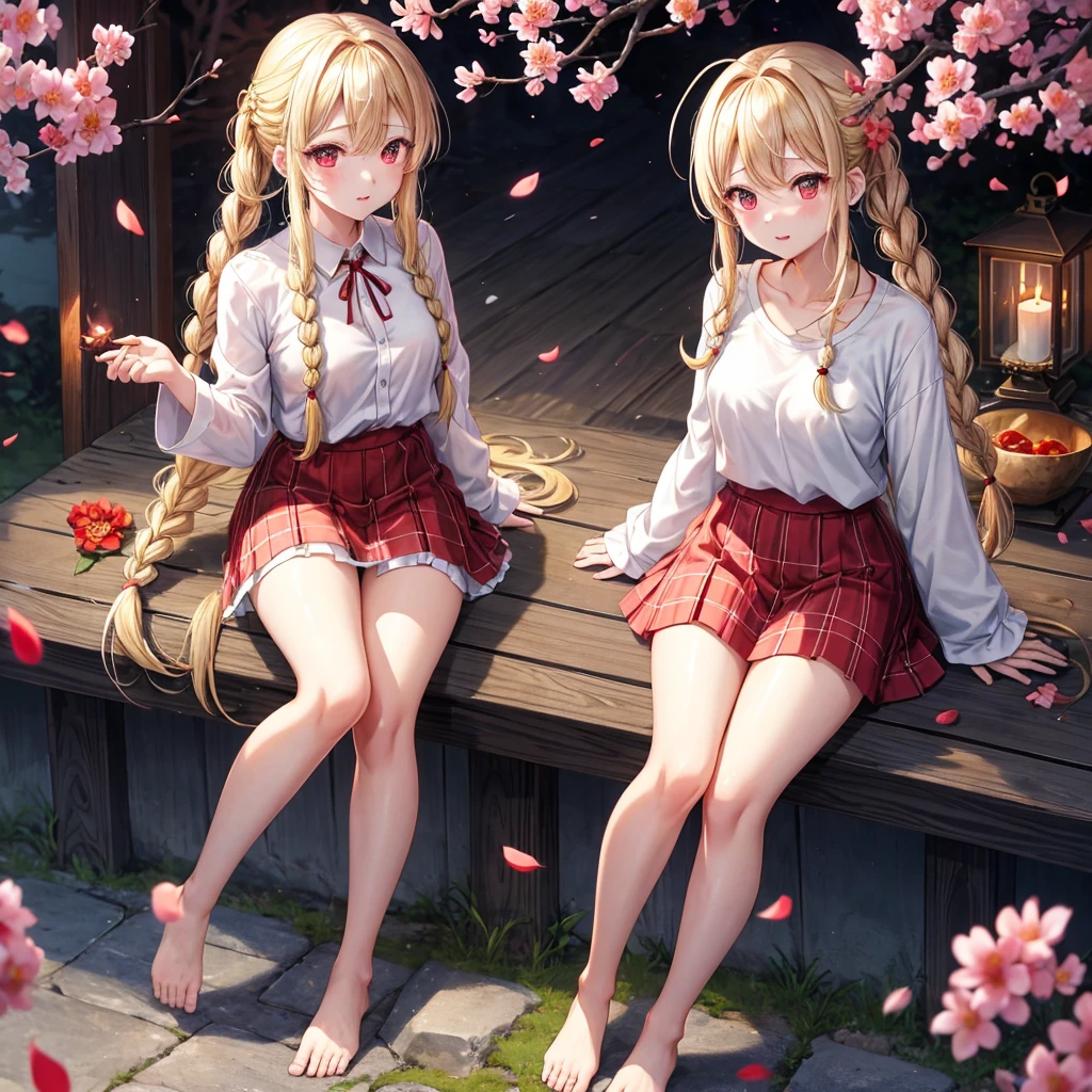 a blond、red eyes、Braids、one good looking girl、独奏、animesque、lightly dressed、Plaid miniskirt、flower petals、bare-legged、wetting hair、Black T-shirt、crescent、large tree、cherry trees、candle fire、fire flame