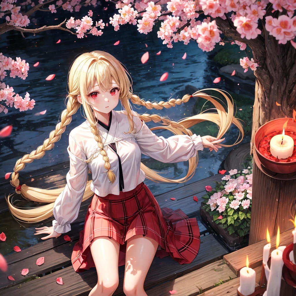 a blond、red eyes、Braids、one good looking girl、独奏、animesque、lightly dressed、Plaid miniskirt、flower petals、bare-legged、wetting hair、Black T-shirt、crescent、large tree、cherry trees、candle fire、fire flame