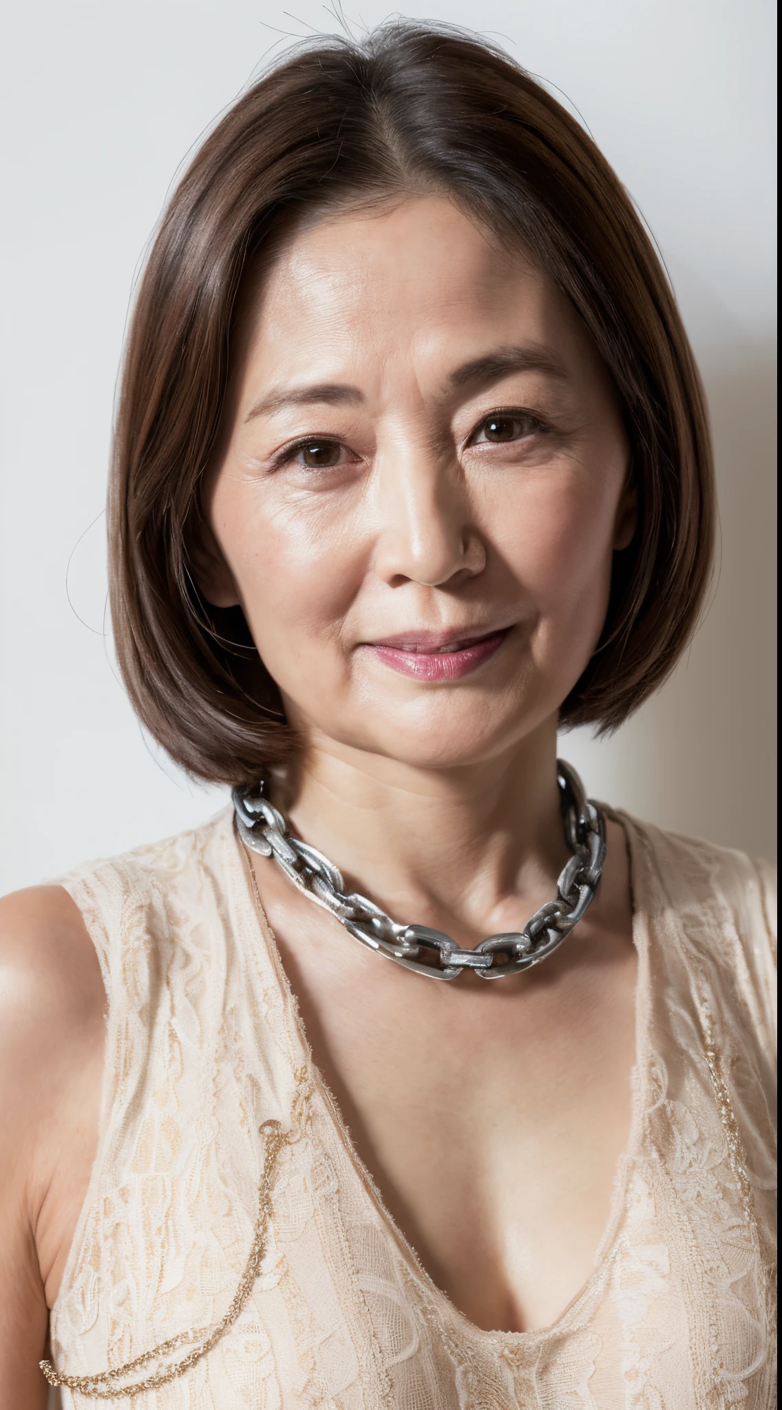 Remove Background, gravure, facing front, ((A chain is connected to the collar)), Fancy makeup, from the chest up, masterpiece, Best Quality, Ultra-detailed, Photorealistic, super detailed skin, Perfect Anatomy, (1 japanese mature woman), (Solo), 95 years old, Large breasts, Mature Woman Politician, glamor, A sexy, Chromo-white skin, Looking at Viewer,