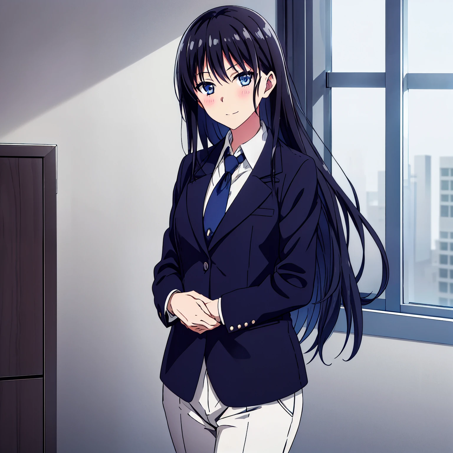 1GIRL , ,horikita suzune ,,horikita suzune , woman in formal attractive suit tuxedo tailcoat standing in a large alcove in the room, 1girl, solo, necktie, black hair, blue eyes, long hair, smile, jacket, looking at viewer, shirt, pants, blue necktie, collared shirt, white pants, white shirt, indoors, bangs, long sleeves, closed mouth, window, black jacket, blush, cowboy shot, formal, suit