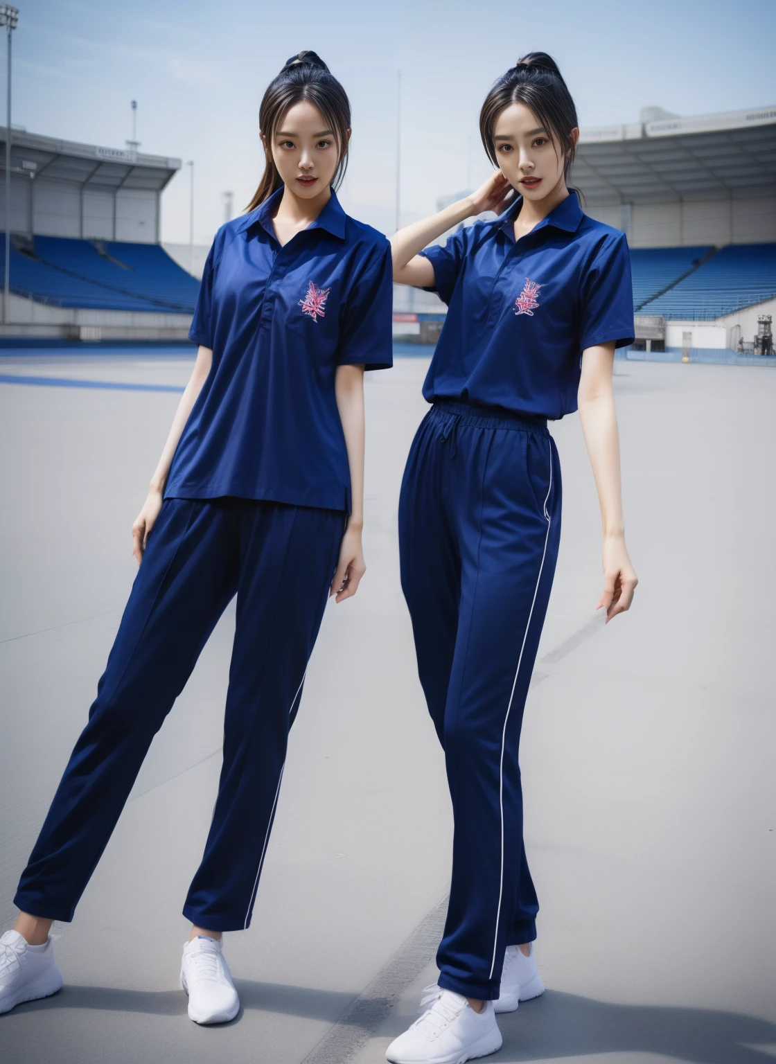 (bestquality,10,10,highres,masterpiece:1.2),ultra-detail,(Realistic,photorealistic portrait,photo-realistic:1.37),1 Cute girl in the football field,oily shiny skin,bara,light smile,BDclothes,((blue shirt:1.3)),short sleeves,shirt, trousers.,(navy_long_Pants Track:1.1), ((Stadium Background:1.3)),dynamic angle,excited,face focus,Dynamic Poses,from behide,Ass Focus,masterpiece, bestquality, ultra realistic, hyper-detail, 8k resolution, RAW photo, crisp focus, ((Navy blue shirt:1.1)), short sleeves, Long Path, Perfect body, 2 mature women, 18yo, cinematic light,Blue sweatpants,Gymware,Correct anatomy,Complete body, Correct body, sharp face, Anatomically correct body, full entire body, Realistic gestures, long-haired, Realistic poses,Wear long shorts........................,Long leg span,Shapely,Sculpting Girl, Slender Figure, mannequin mannequins, Shapely, Beautiful body,Blue sweatpants, Two girls kissing