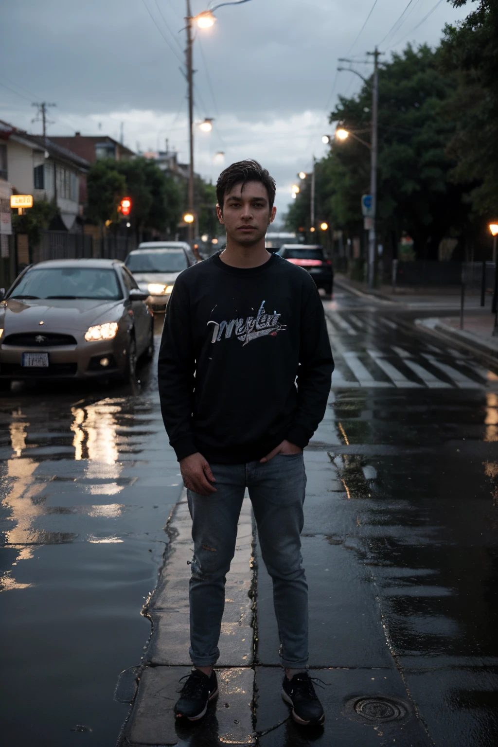 Descreva a cena de um homem 36 anos barbudo e um pouco calvo, wearing a black sweatshirt and jeans, standing on the sidewalk on a rainy night. He is looking at a shiny GTR R35 car passing on the road., Your admiration visible in your eyes. The light from the headlights reflects on the puddles of water around you, enquanto a chuva cai suavemente sobre ele. O som do motor potente ecoa no ar, misturando-se ao som da chuva. The boy remains motionless, captured by the elegance and speed of the car, dreaming of the day when you can be behind the wheel of such an impressive machine.
INFO