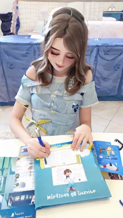 Garota bonita com cabelo castanho escrevendo um livro estilo pixar