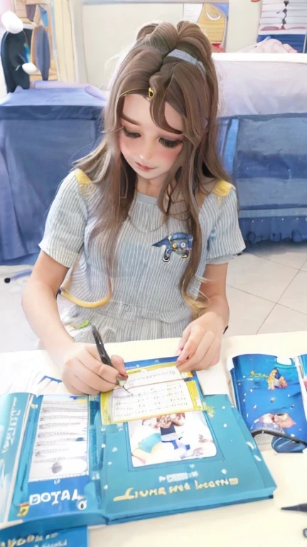 Garota bonita com cabelo castanho escrevendo um livro estilo pixar