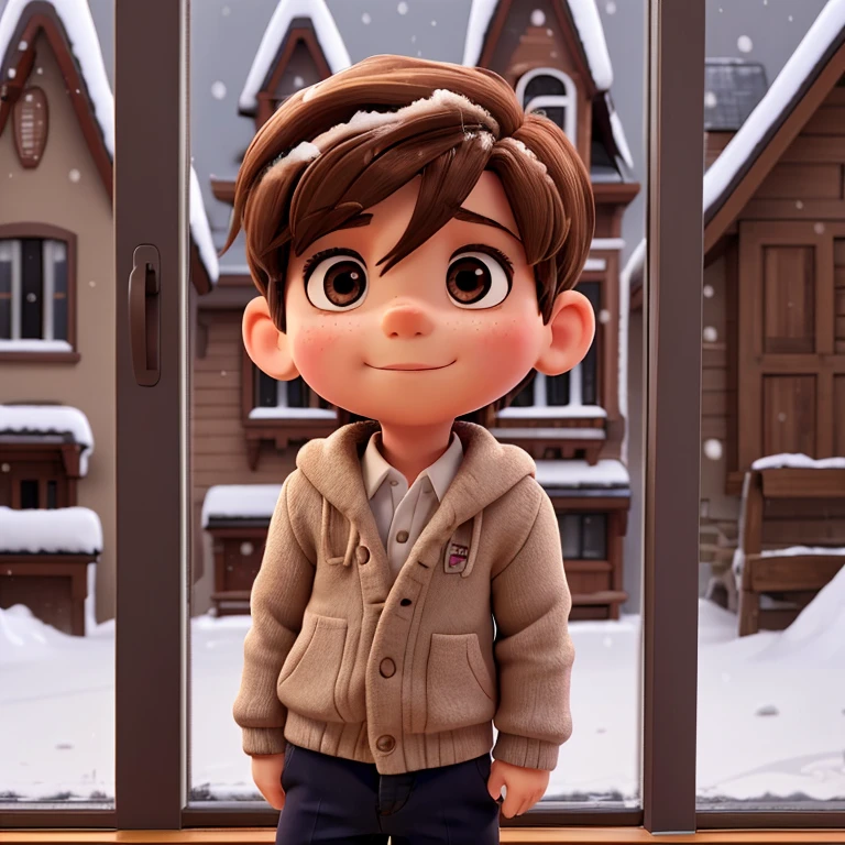 A little boy , 6 years old , brown hair,looking out the window it's snowing outside