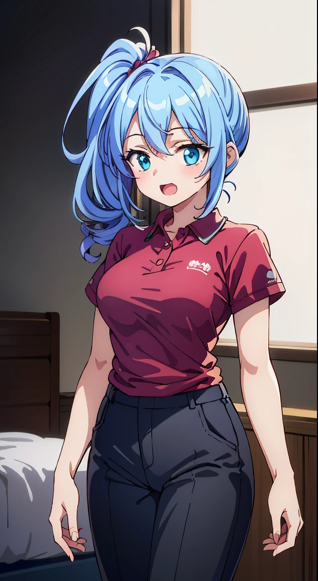 1 female, little kid cat girl, , oversized t-shirt, arms crossed under breast, no bottoms, hourglass figure, white eyes, french braid, blue hair, annoyed, cat ears, rococo style, Ghibli-like colours, in an apartment, best quality
