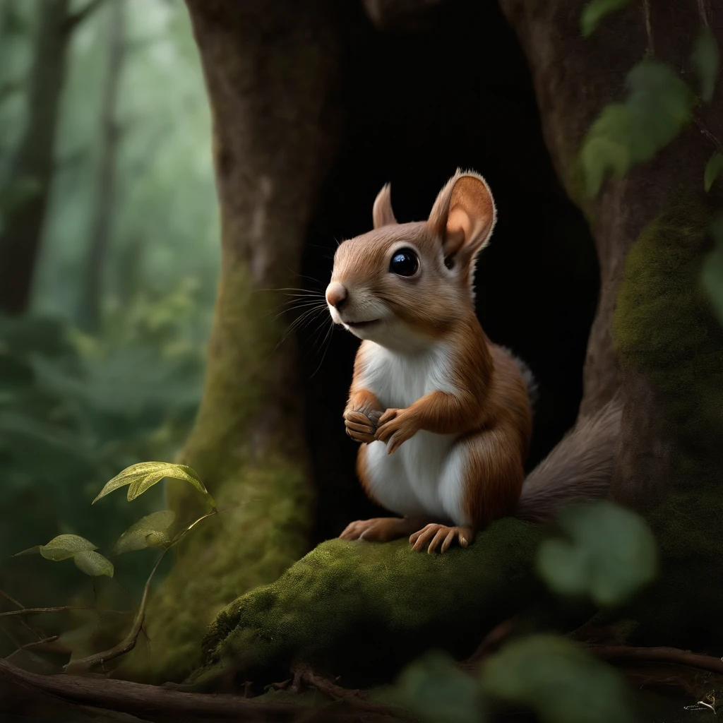 (CBZBB:1.25),gremlin, hobbit style, in the style of John Tolkien, looks like ,gremlin looks like a squirrel((Squirrel)), huge ears with tassels, double nose, five toes, detailing, Hobbit-style house in a clearing under an oak tree, Gremlin squirrel holding a large acorn in its paws, CBZBB,Cute, Small, baby, Beautiful, Fantasy art, deviant art, trending artstation, Digital Art, Detailed, Realistic, humanoid, character, tiny, Cinematic shot, cinematic portrait of a squirrel in dark fantasy style, cute character, looks like a gremlin, looks like a mole, ,gremlin, squirrel-like, bright silver and brown,big fluffy tail, large ears, elongated nose,,,,,, covered with silver fur, holding a large acorn in his paws, water, Burrow, tree roots stick out from the walls in the hole, mushrooms sticking out of the ground, Best Quality, Masterpiece, in style of dark fantasy art,真实感, Realism, tmasterpiece, Brad Jongsan walks in the jungle (Night of the Fireflies), (higly detailed: 1 1), rough face, natural skin, hiquality, NSFW, pretty eyes, (Detailed face and eyes), (s face: 1 2), tumult, Complementary, real-photo, .........PSD, Lightweight Film Photography, sharp-focus, contrast lighting, Detail Skin, high resolution 8k, Crazy detailing, Realistic, professional photo of a, 8K UHD, dslr, soft light, hiquality, film grains, Fujifilm XT3, dark fantasy style,