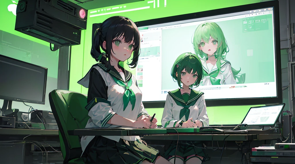 (3 girls, black hair, green eyes, sailor suit, kawaii, strategy meeting), (green cyberpunk, room with big monitors, green neon)