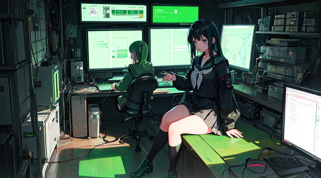 (3 girls, black hair, green eyes, sailor suit, kawaii, strategy meeting), (green cyberpunk, room with big monitors, green neon)