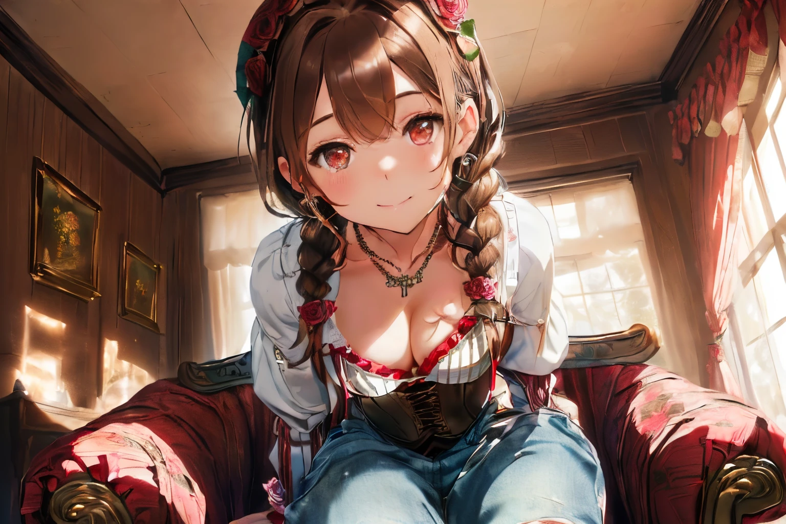 ((Brown hair)),((Braided shorthair)),((Brown eyes)),Slight red tide,(wing long sleeve clothing),(striped long sleeve tops),((denim skinny bonnet),((White corset)),((Frontal perspective)),Slight red tide,((wearing bold clothes and sitting on a chair)),((a small dog is sitting on my lap)),((A room decorated with colorful roses)),((Cleavage that looks modest)),((Collars and necklaces decorated with roses)),,((Take your eyes off)),(Soft smile),A smile,((close up of face)),