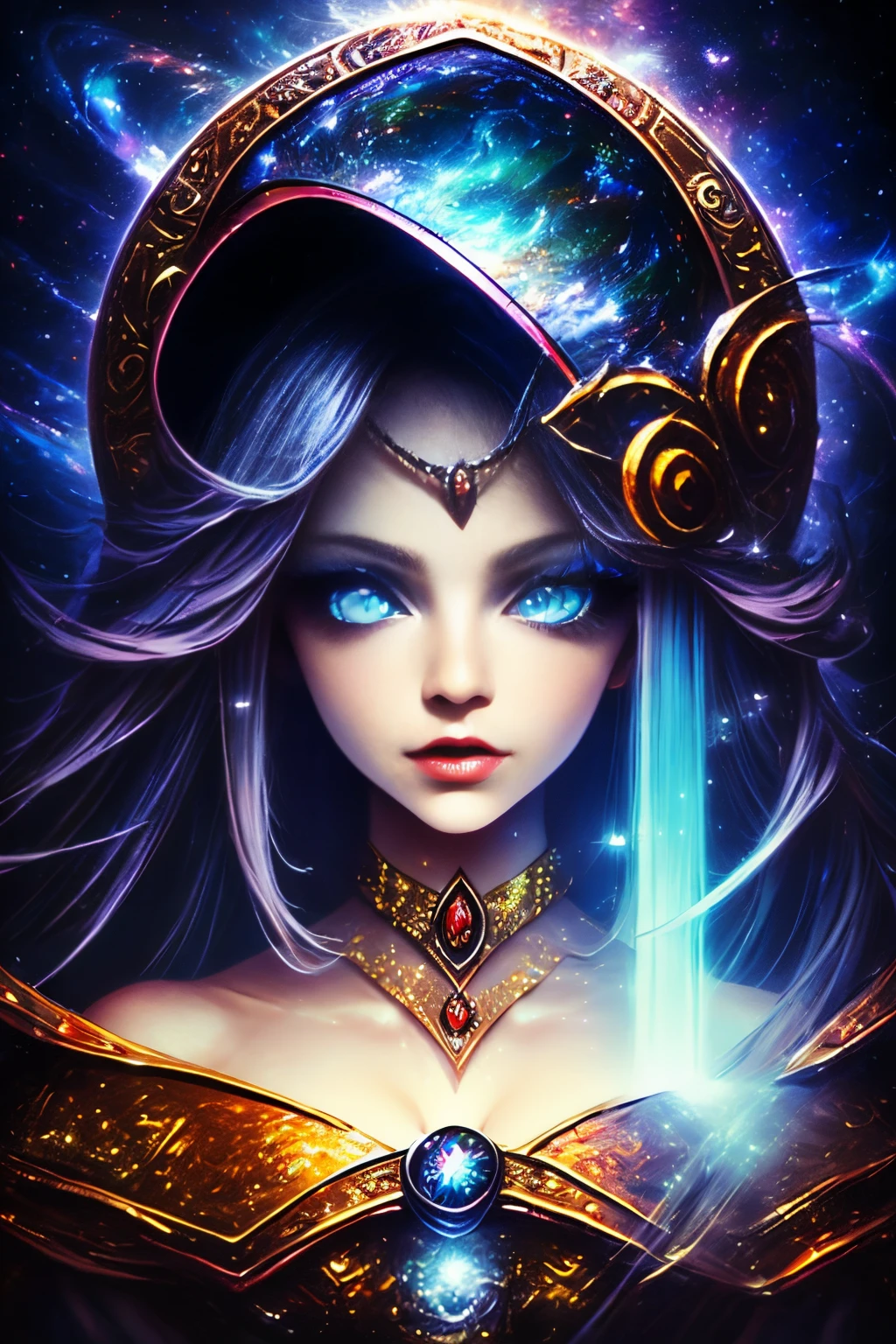 Giles magos oscuros. magos oscuros. ojos azules. cabello rubio. labios rojos. Detailed features.., cosmic colors, Ethereal lighting, Pintura surrealista, High resolution, Otherworldly atmosphere, Seres celestiales. Hermosa diosa