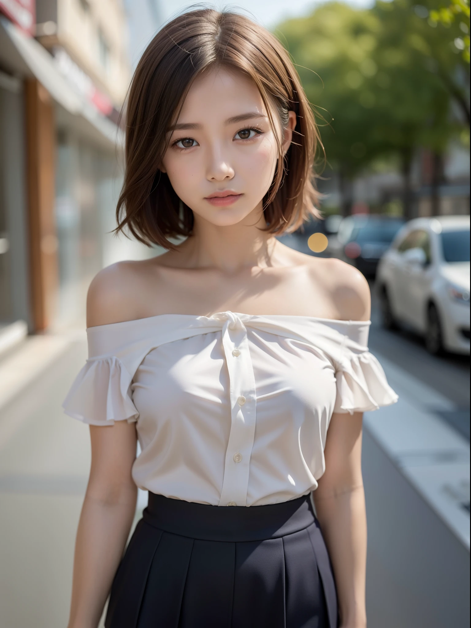 ((of the highest quality, 8K, masutepiece: 1.3, Raw photo)), Sharp Focus: 1.2, (1 AESPA Girl :1.1), Solo, (Realistic, Photorealistic: 1.37), (Face Focus: 1.1), Cute face, hyperdetailed face, (short messy hair: 1.2), Small breasts, flat chest, office room, (Off-the-shoulder chiffon shirt, business skirt, thigh: 1.3), sunlight