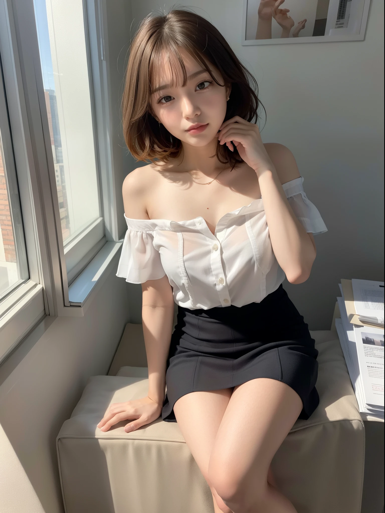 ((of the highest quality, 8K, masutepiece: 1.3, Raw photo)), Sharp Focus: 1.2, (1 AESPA Girl :1.1), Solo, (Realistic, Photorealistic: 1.37), (Face Focus: 1.1), Cute face, hyperdetailed face, (short messy hair: 1.2), Small breasts, flat chest, office room, (Off-the-shoulder chiffon shirt, business skirt, thigh: 1.3), sunlight