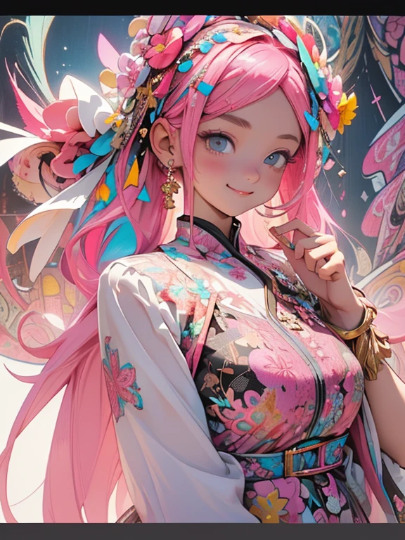 ((flowercrown),((Congratulations)),Flower bouquet，innocent smiles、eye glass、veranda、ancient city、(1 girl, Solo:1.6),(Cute smile),(Clothes are simple), (Best Impact:1.5), (maximalism:1.7), Vivid contrast, (Realistic), hyperrealistic illustrations, hight resolution, ultra-detailliert, absurderes,(Fractal Art:1.3)、Random hairstyle, pink hair color colorful、FULL BODYSHOT、Retro、Precise focus、randome pose、cinema4d、Drama