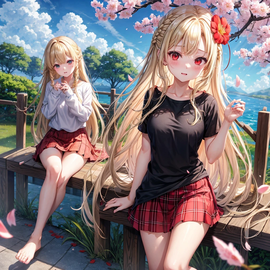 a blond、red eyes、Braids、one good looking girl、独奏、animesque、lightly dressed、Plaid miniskirt、flower petals、bare-legged、wetting hair、Black T-shirt、large tree、cherry trees、sea of clouds