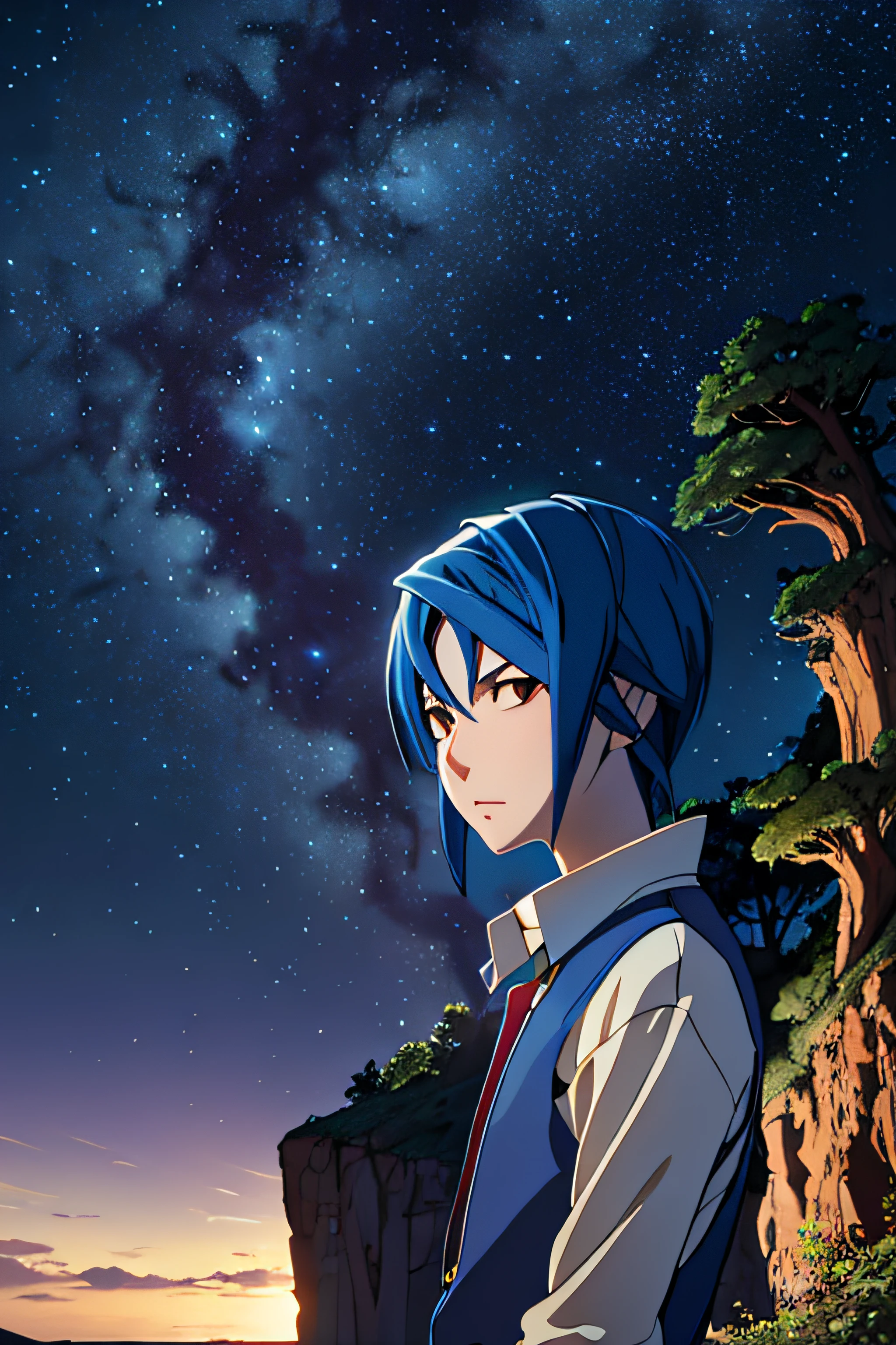 masterpiece, best quality, game cg, 1boy, solo, male focus, looking at viewer, full body, depth of field, sugata_shindou, blue hair, brown eyes, at the top of a cliff, night starry sky, meteor shower