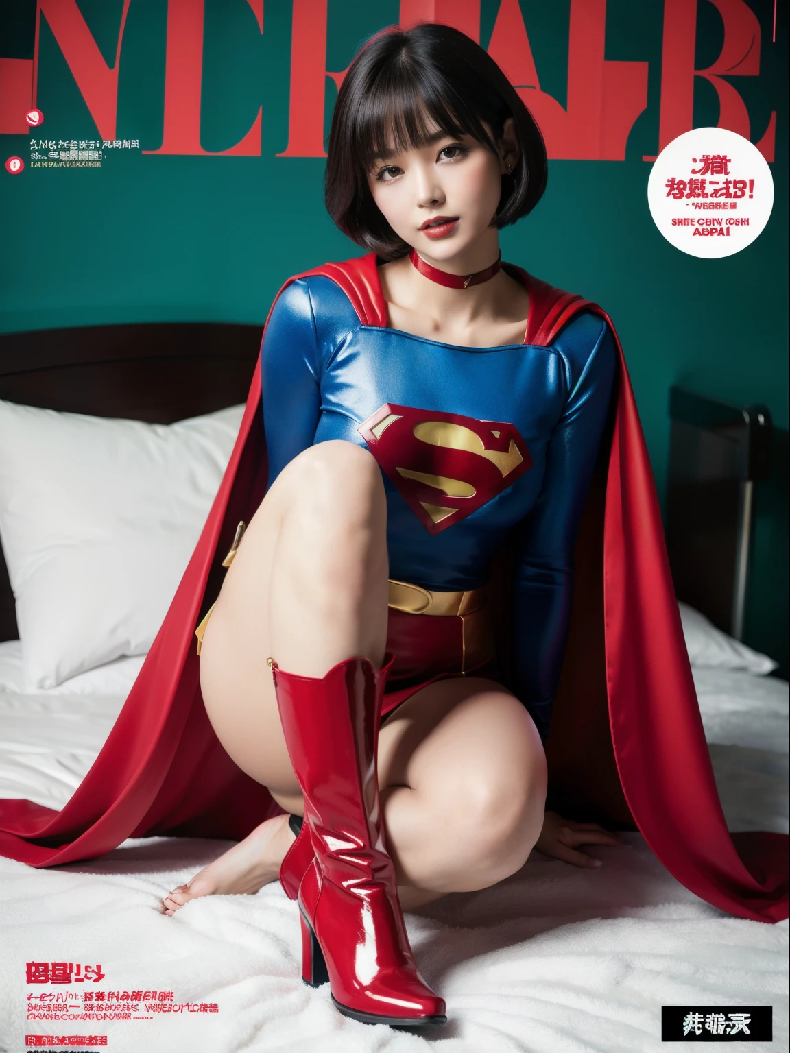 masterpiece,Short-haired Supergirl spreads her thighs on the bed in the infirmary、Looking at the camera、Glossy enamel costume、Glossy bright red enamel long boots、shiny red enamel skirt、a choker、Glimpse、Fluttering cloak、seduces、sexypose、ecstacy、radical、Stimulating、Obscene、highleg、crouching down、Large open legs、Magazine covers
