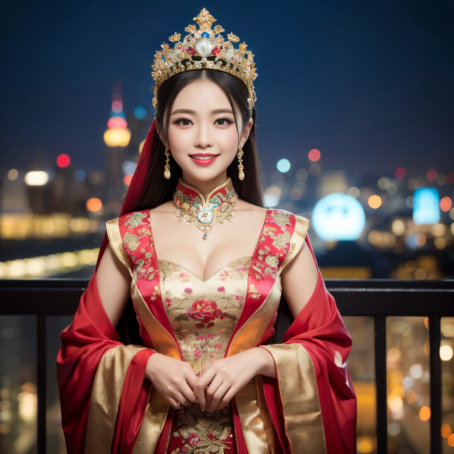 ((top-quality、masutepiece、8K、Top image quality、Highly complex and detailed depictions))、(Chinese queen full body photo:1.3)、The gorgeous city of Chang&#39;an at night、((The most gorgeous Chinese queen&#39;s huge costume、the most vivid and luxurious costumes、big long costume、The most luxurious and huge capital of Chang&#39;an、An unimaginably luxurious building、A very luxurious and huge city、huge city at midnight、Very complex decoration、very clear huge architecture))、(View me、Bewitching smile、Perfect makeup、long eyelashes、lipsticks、Vibrant eyeshadow、perfect anatomia、A slight smil)、(Clear and luxurious capital background:1.3)、the biggest smile when you look at me、beautiful smiling face、smiling queen、Princess hairstyle、A city with a clear background、Depth of field is deep、A city with a clear background