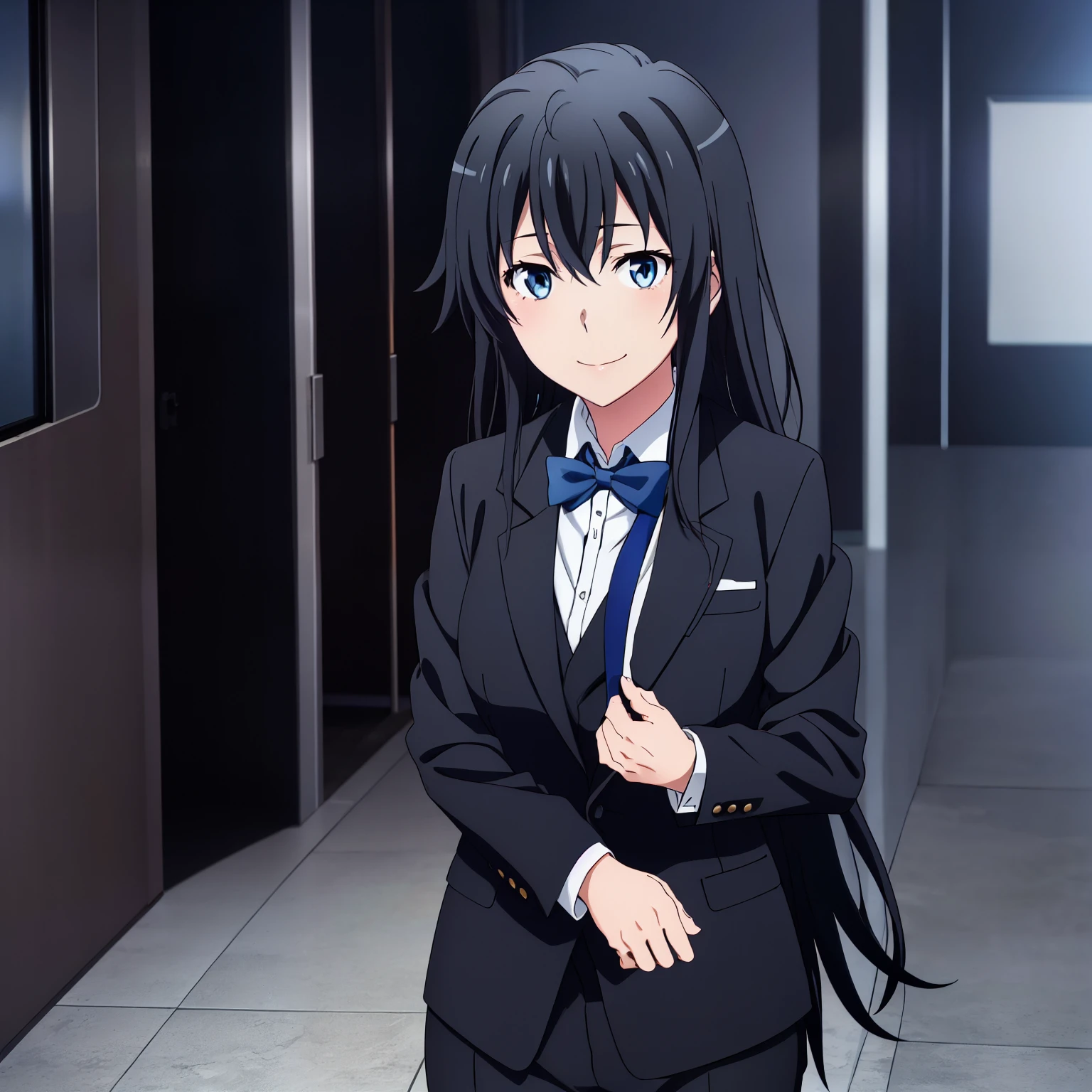 1GIRL , ,yukinoshita yukino ,yukinoshita yukino , woman in formal attractive suit tuxedo tailcoat standing in a large alcove in the room, 1girl, solo, necktie, black hair, blue eyes, long hair, smile