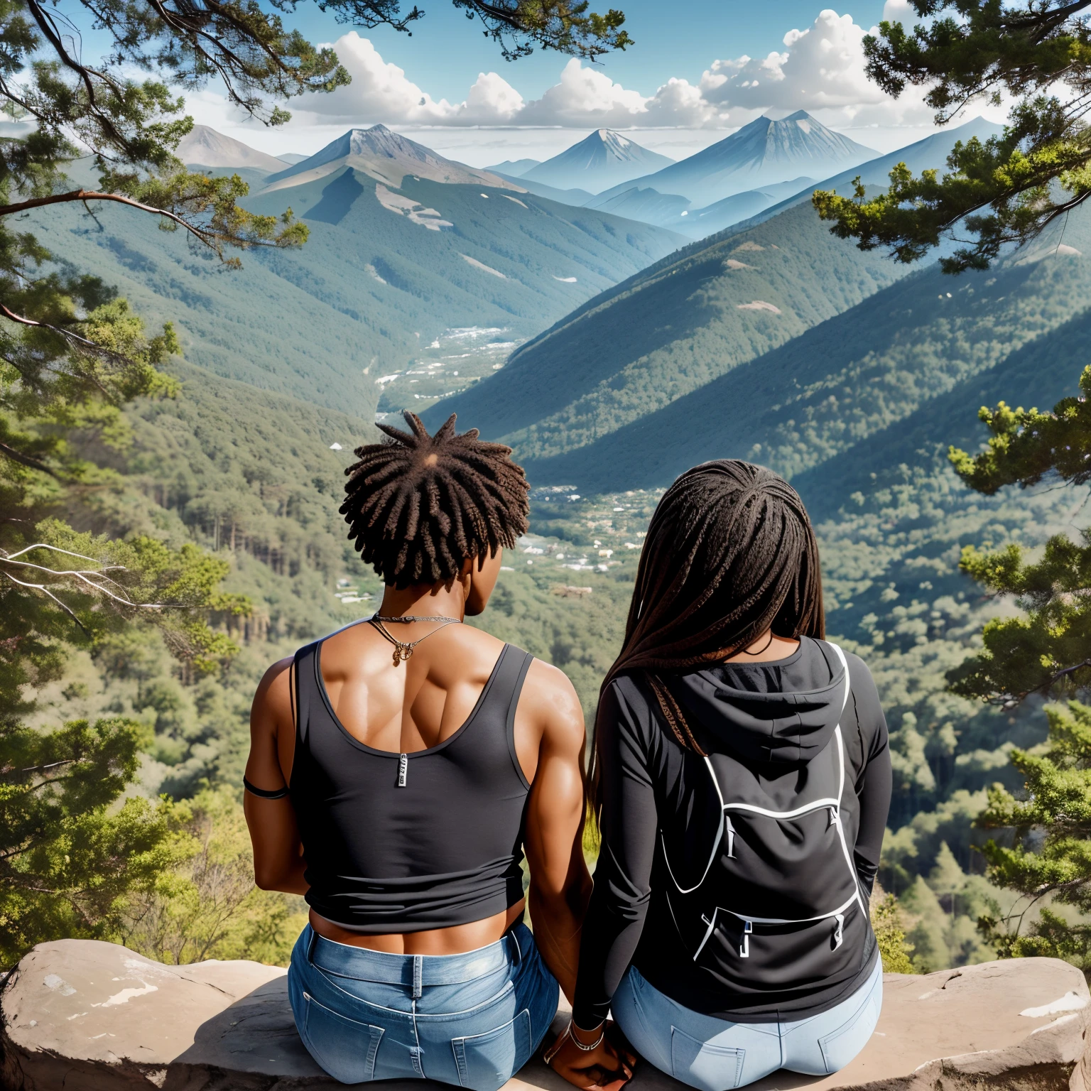 image of a Black couple facing away, gazing at the horizon, with a stunning mountain landscape adorned with trees. Emphasize details, ensuring the image conveys serenity and beauty, realistic image --auto --s2