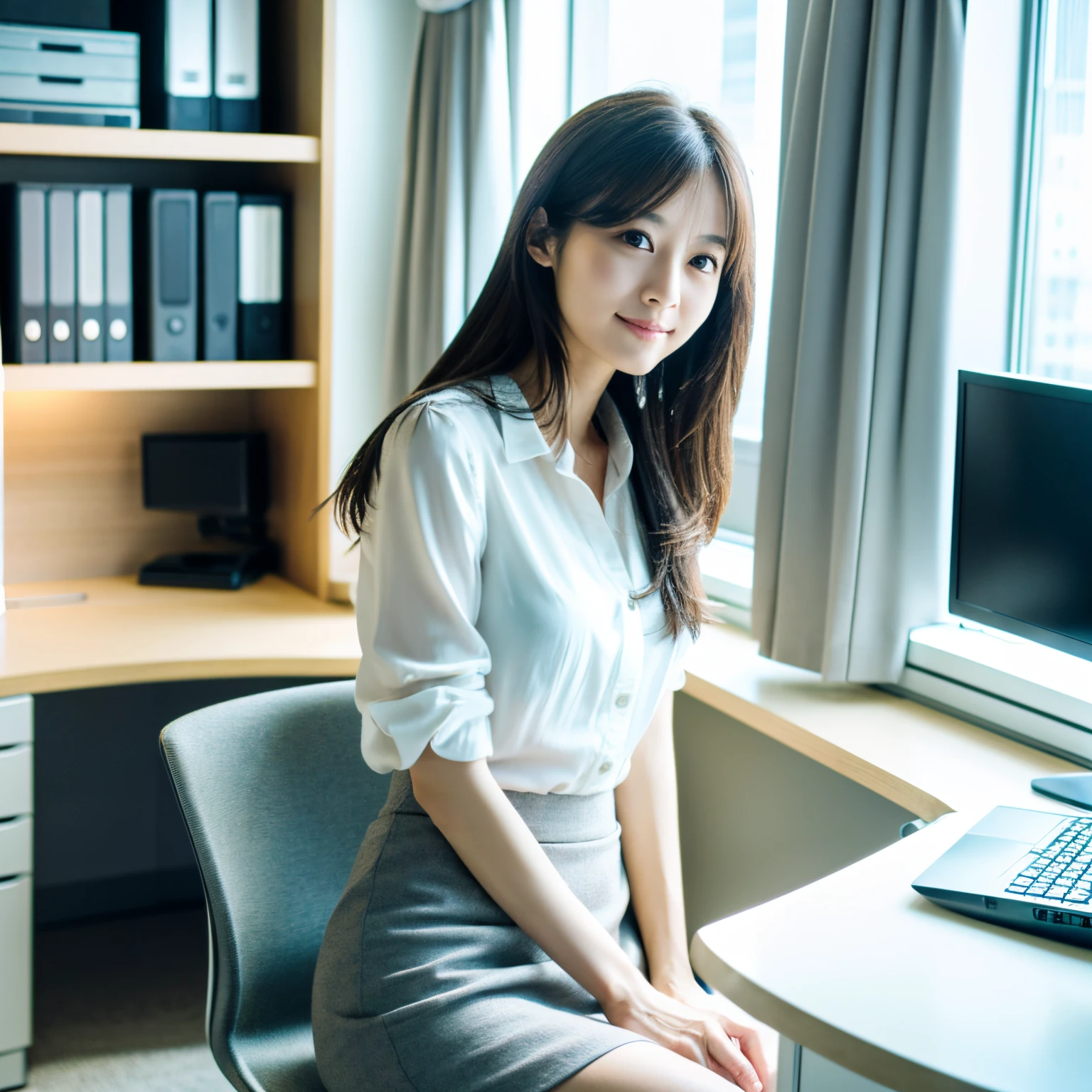 (Detailed photo, High resolution, sharp image), 40 years old, Japanese, cute face, skinny figure, very slender waist, long wavy hair, a white blouse, a gray skirt, sitting on surface of a desk in an office, full-body photo